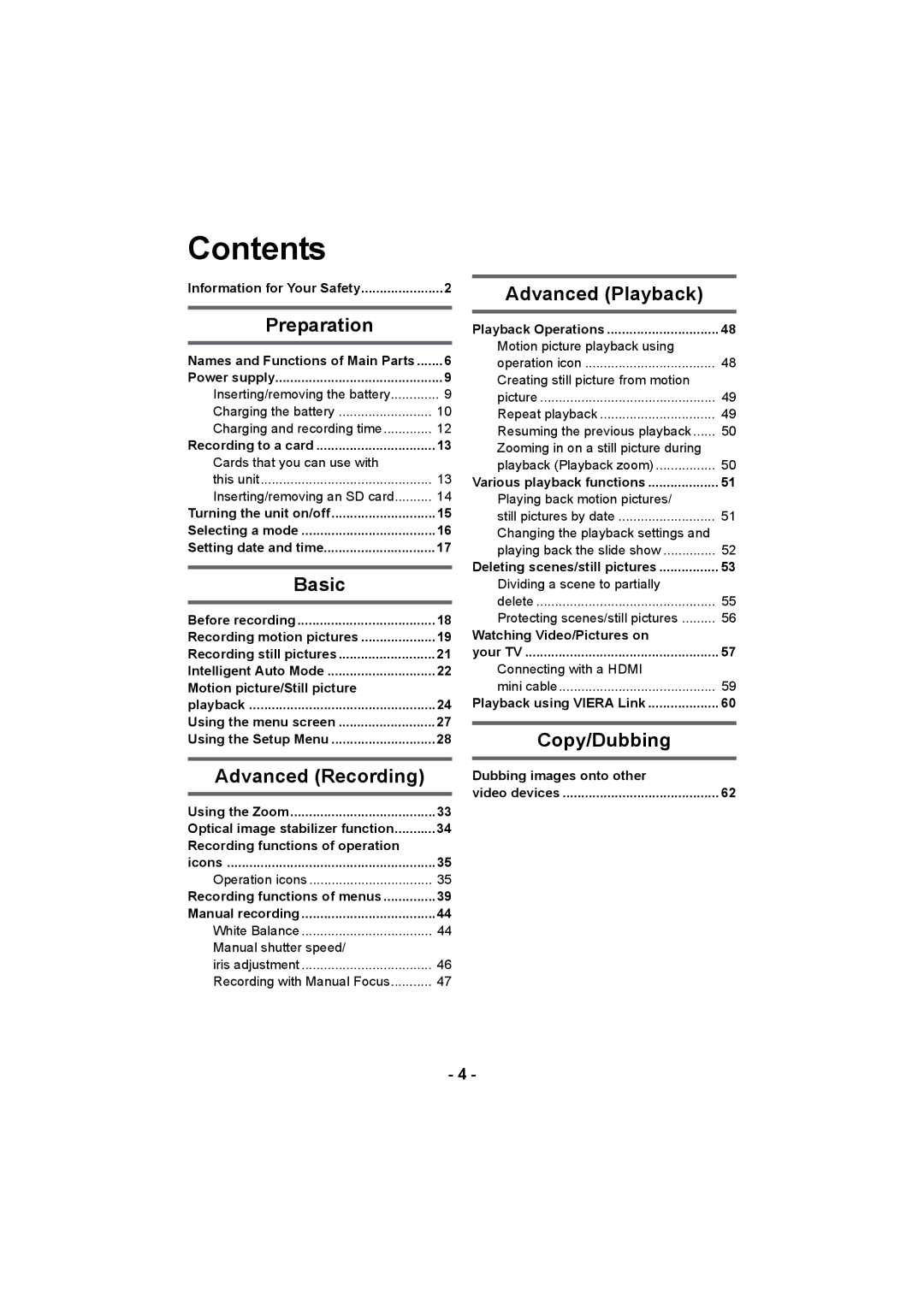 Panasonic HC-V10 operating instructions Contents 