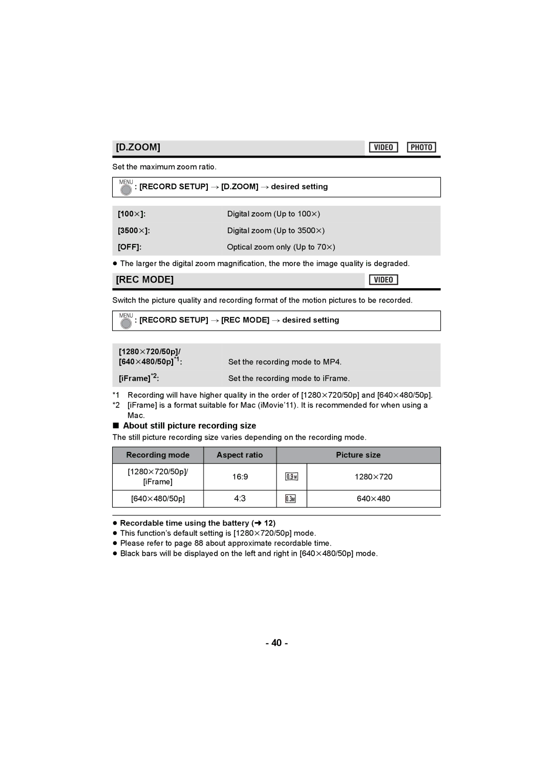 Panasonic HC-V10 operating instructions Zoom, REC Mode, About still picture recording size 