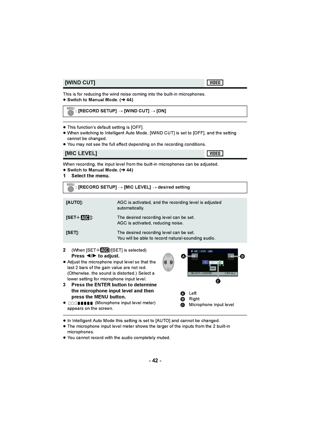 Panasonic HC-V10 operating instructions Wind CUT, MIC Level, Press 2/1 to adjust, Press the Menu button, Auto 