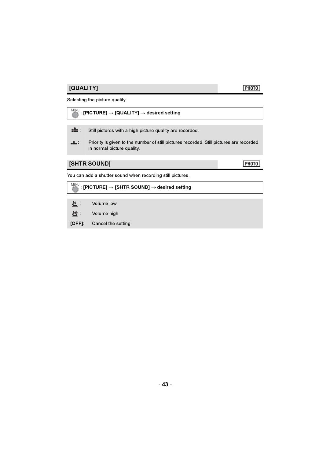 Panasonic HC-V10 operating instructions Shtr Sound, Picture # Quality # desired setting 