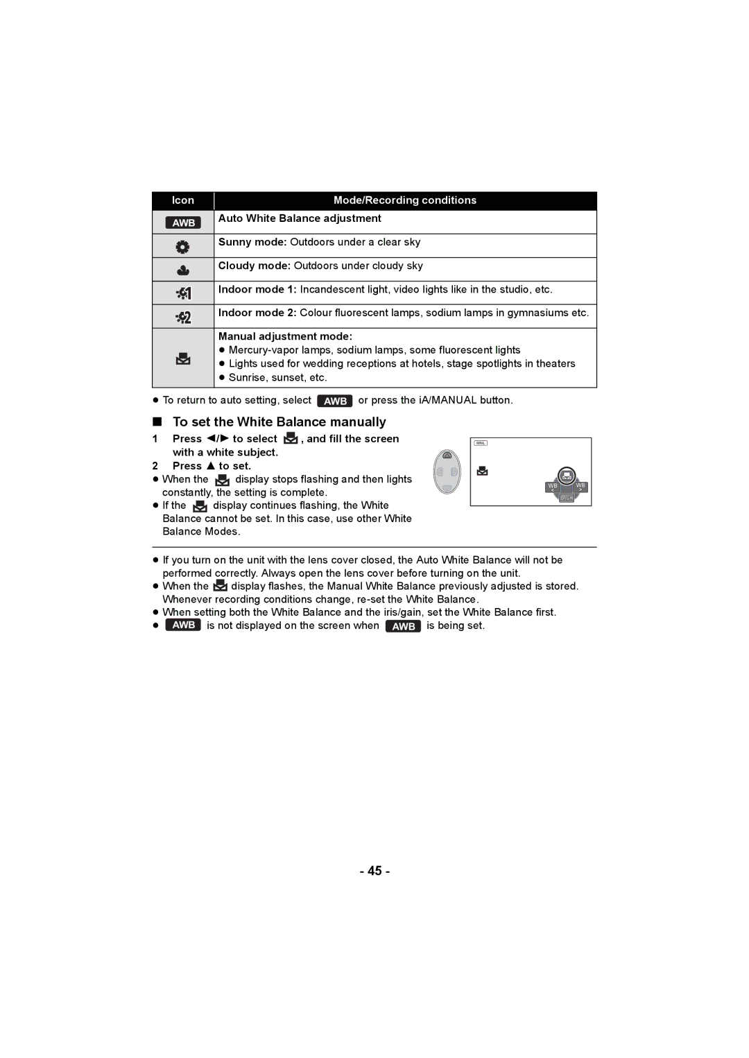 Panasonic HC-V10 operating instructions To set the White Balance manually, Manual adjustment mode 