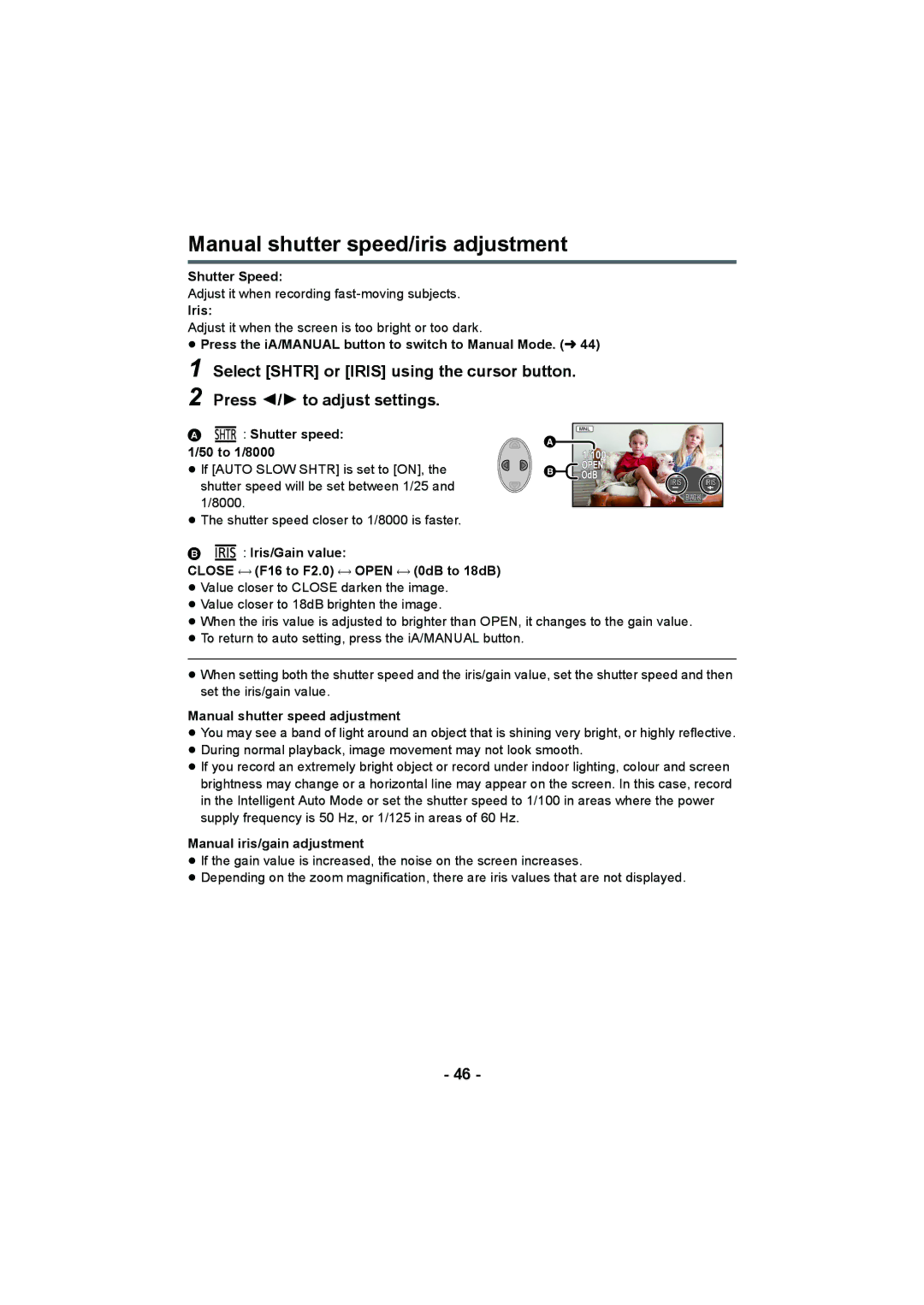 Panasonic HC-V10 operating instructions Manual shutter speed/iris adjustment, Select Shtr or Iris using the cursor button 