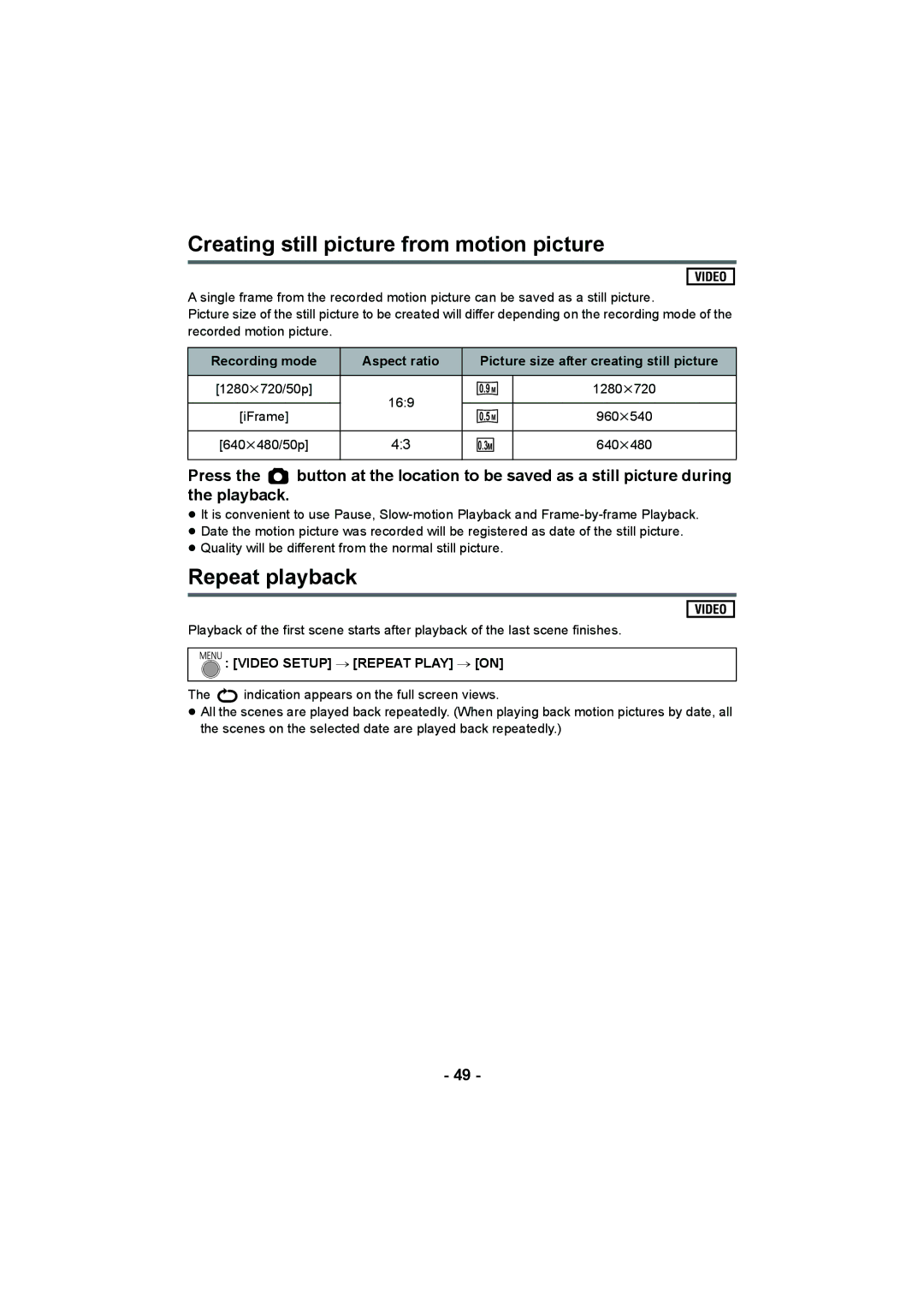 Panasonic HC-V10 Creating still picture from motion picture, Repeat playback, Video Setup # Repeat Play # on 