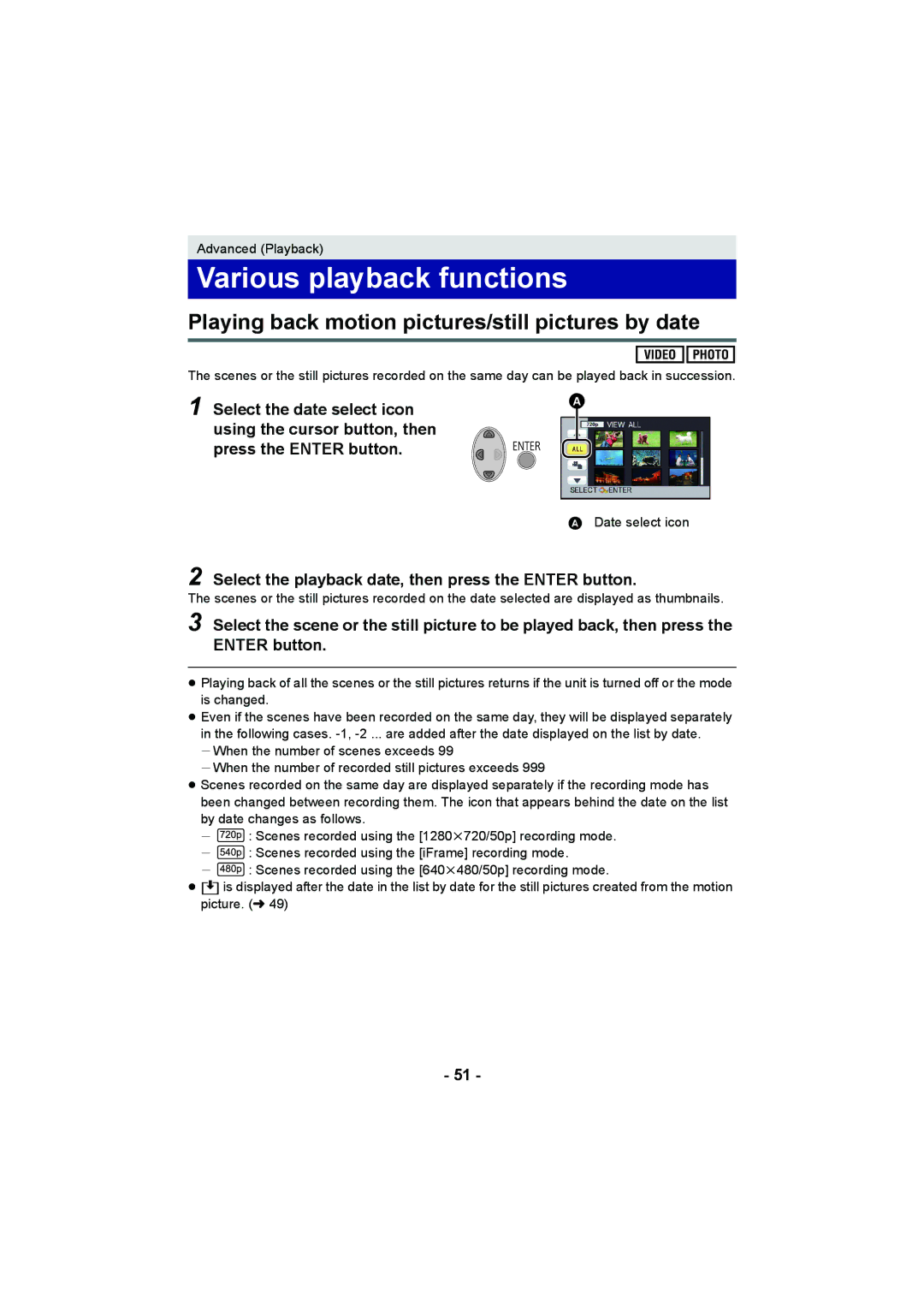 Panasonic HC-V10 operating instructions Various playback functions, Playing back motion pictures/still pictures by date 