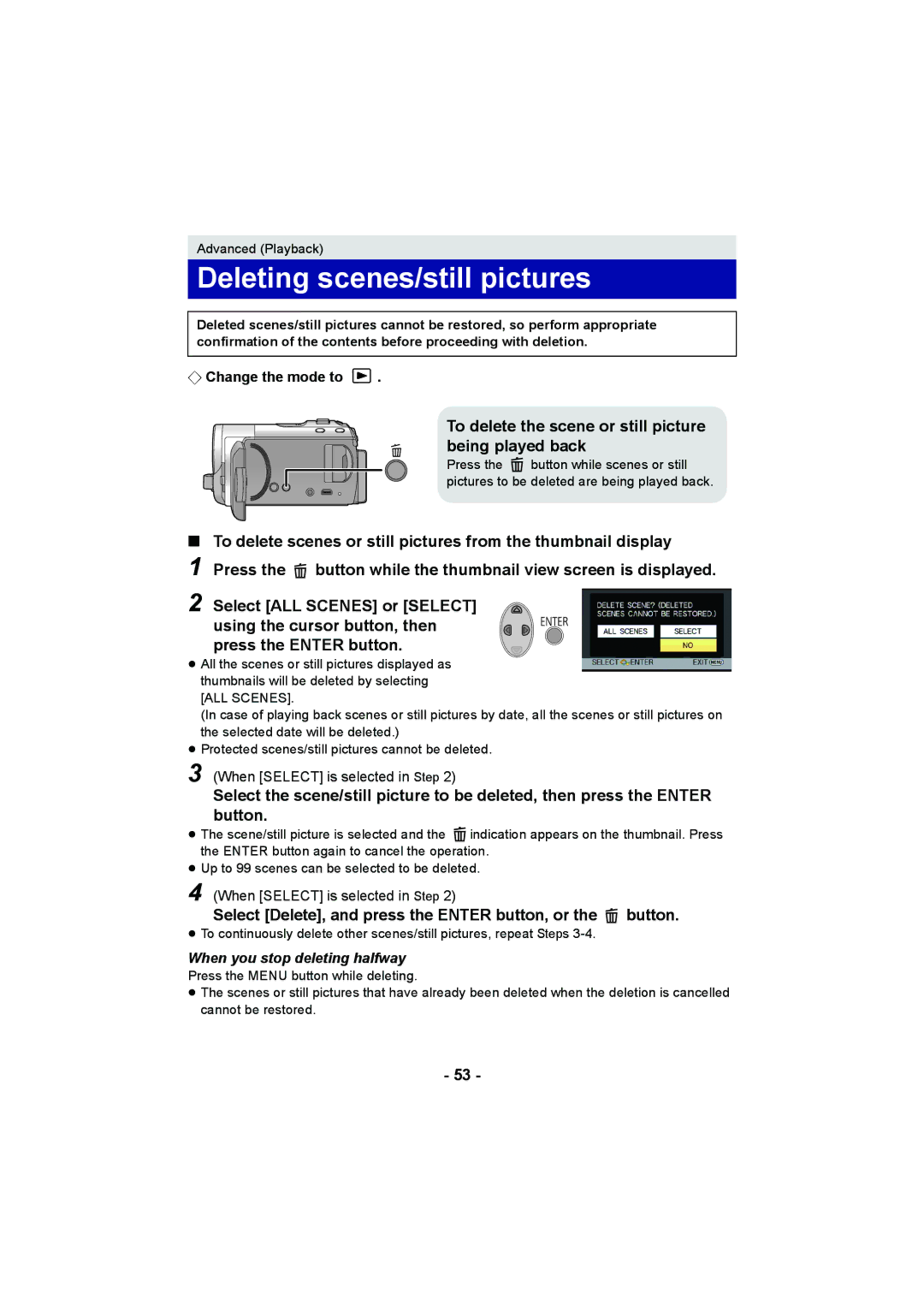 Panasonic HC-V10 Deleting scenes/still pictures, To delete the scene or still picture being played back 