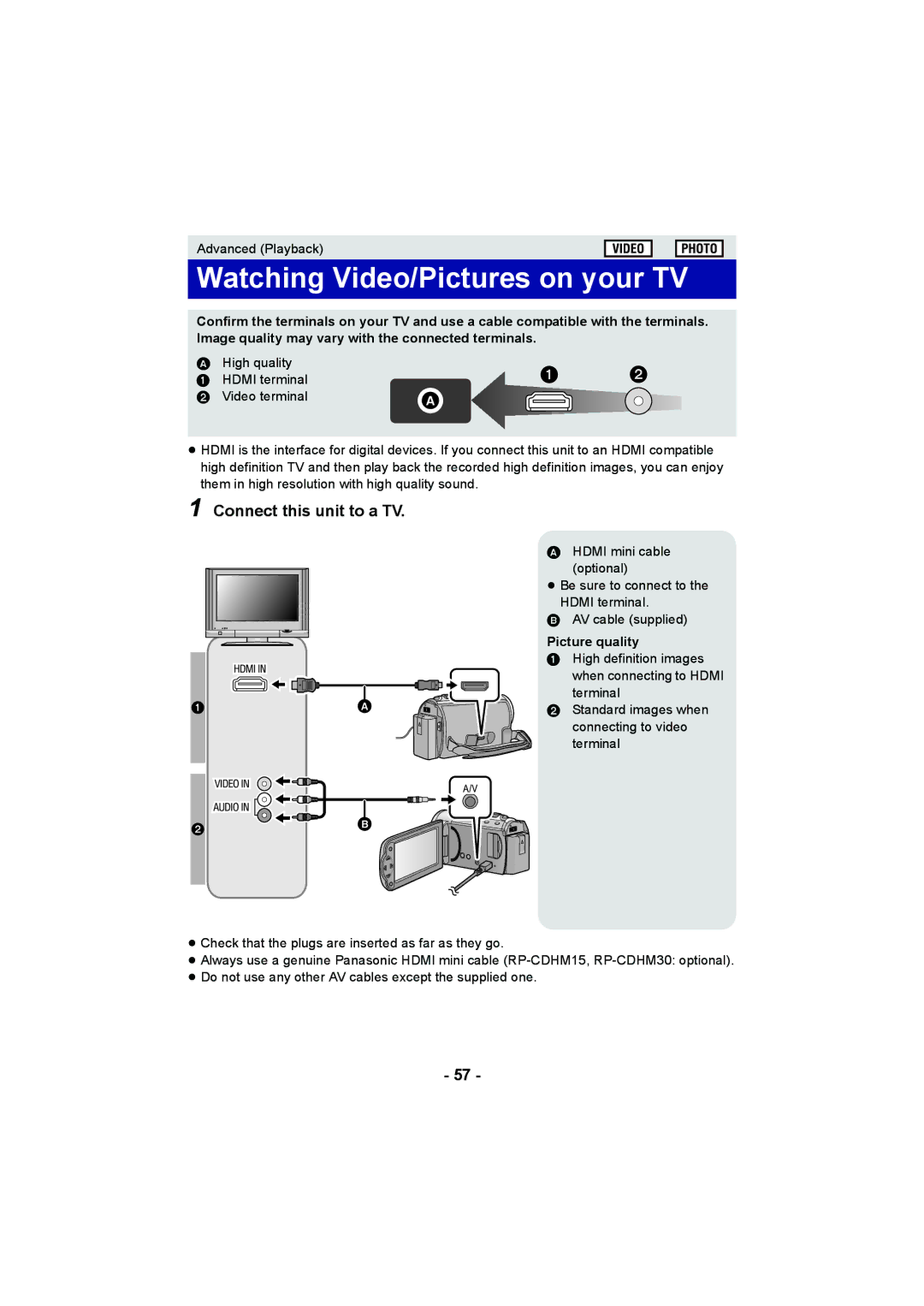 Panasonic HC-V10 operating instructions Watching Video/Pictures on your TV, Connect this unit to a TV, Picture quality 