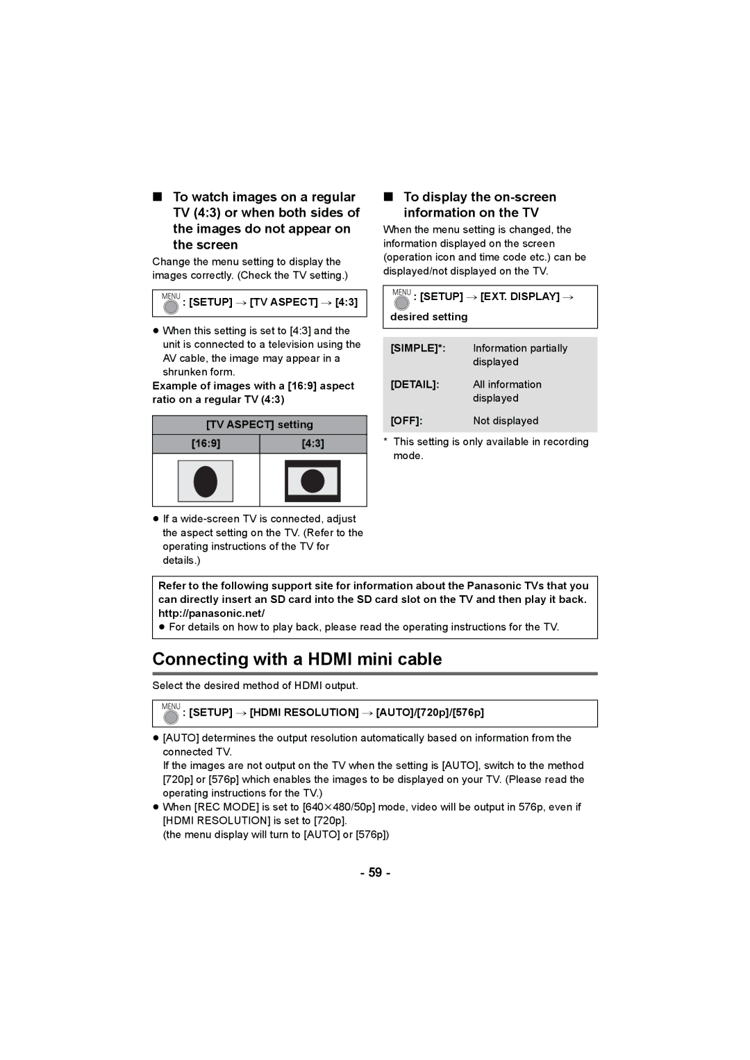 Panasonic HC-V10 Connecting with a Hdmi mini cable, To display the on-screen information on the TV, Simple, Detail 
