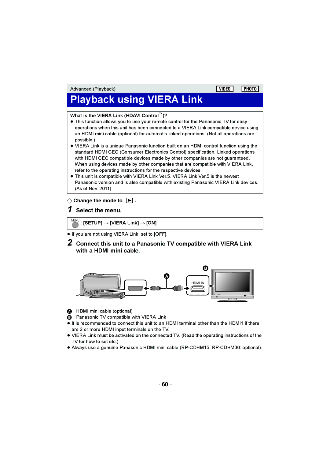 Panasonic HC-V10 Playback using Viera Link, What is the Viera Link Hdavi Control?, Setup # Viera Link # on 