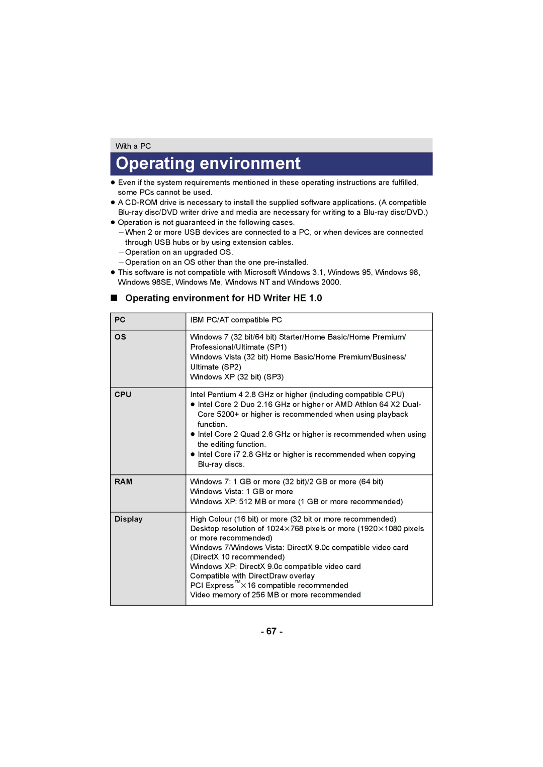 Panasonic HC-V10 operating instructions Operating environment for HD Writer HE, Cpu, Ram, Display 