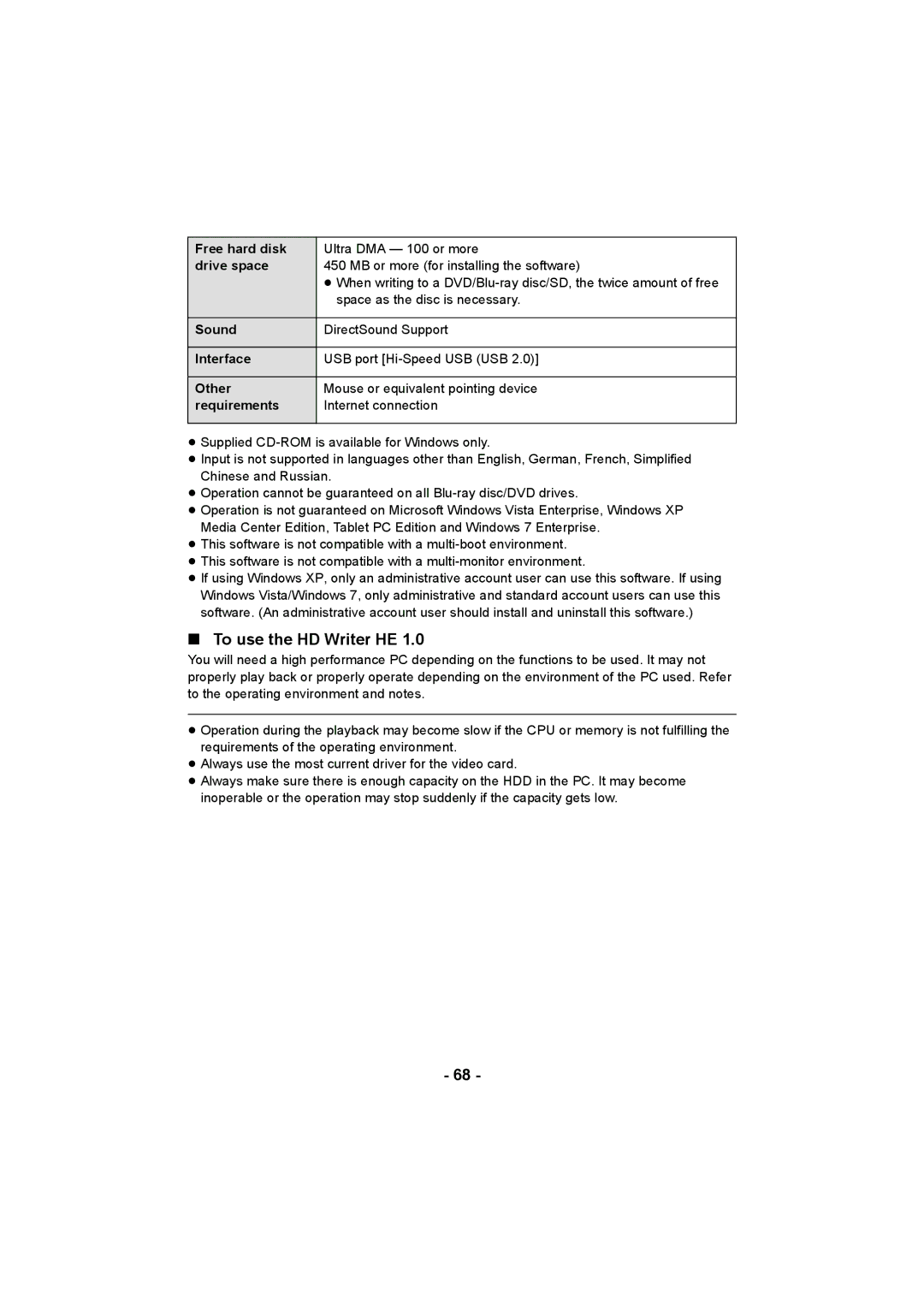 Panasonic HC-V10 operating instructions To use the HD Writer HE 