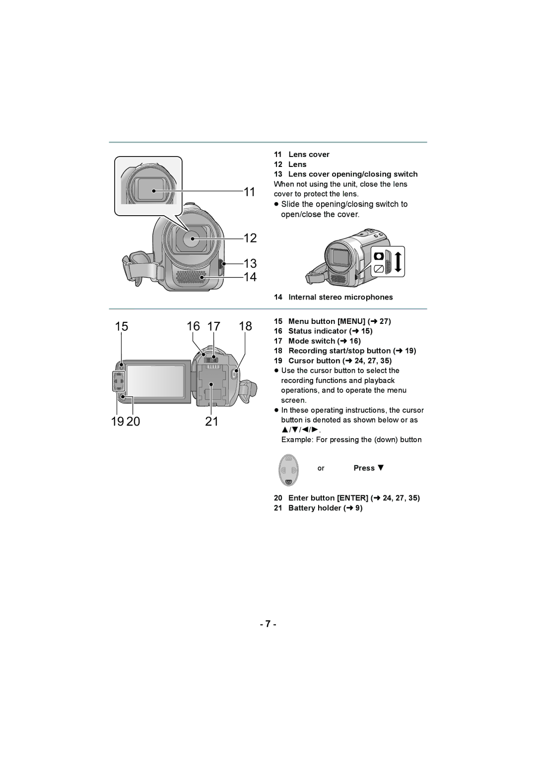 Panasonic HC-V10 operating instructions ≥ Slide the opening/closing switch to, Open/close the cover 