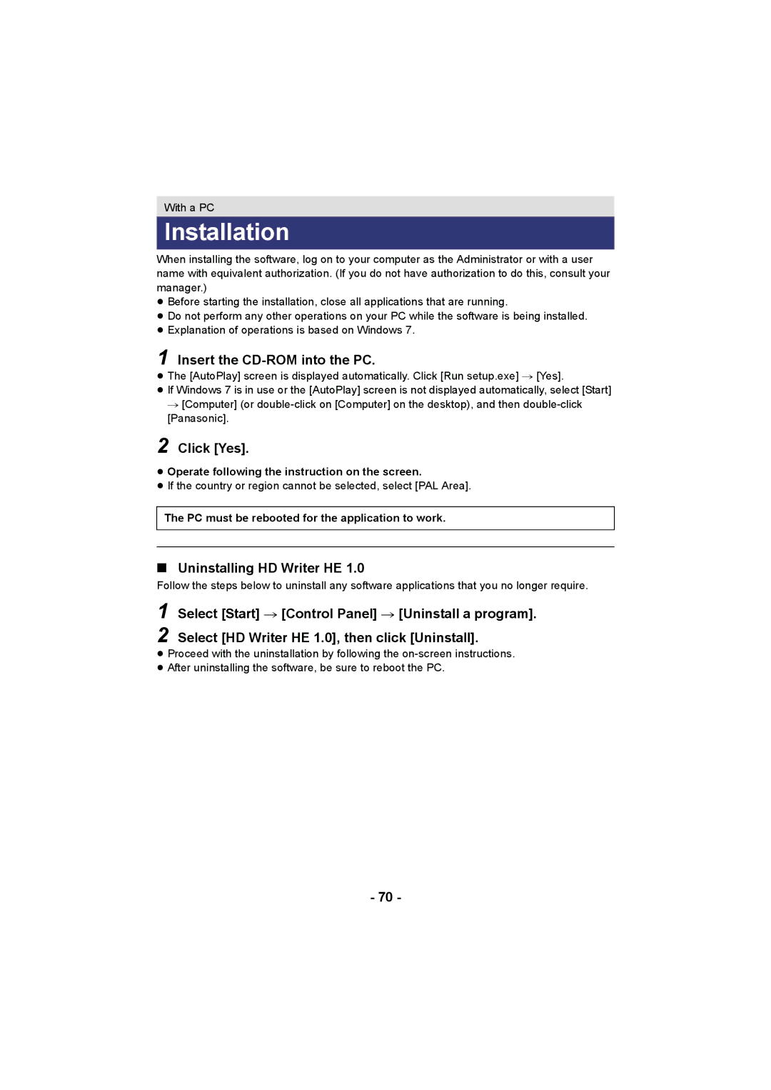 Panasonic HC-V10 operating instructions Installation, Insert the CD-ROM into the PC, Click Yes, Uninstalling HD Writer HE 