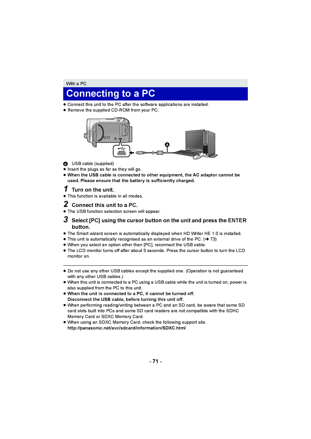 Panasonic HC-V10 operating instructions Connecting to a PC, Turn on the unit, Connect this unit to a PC 