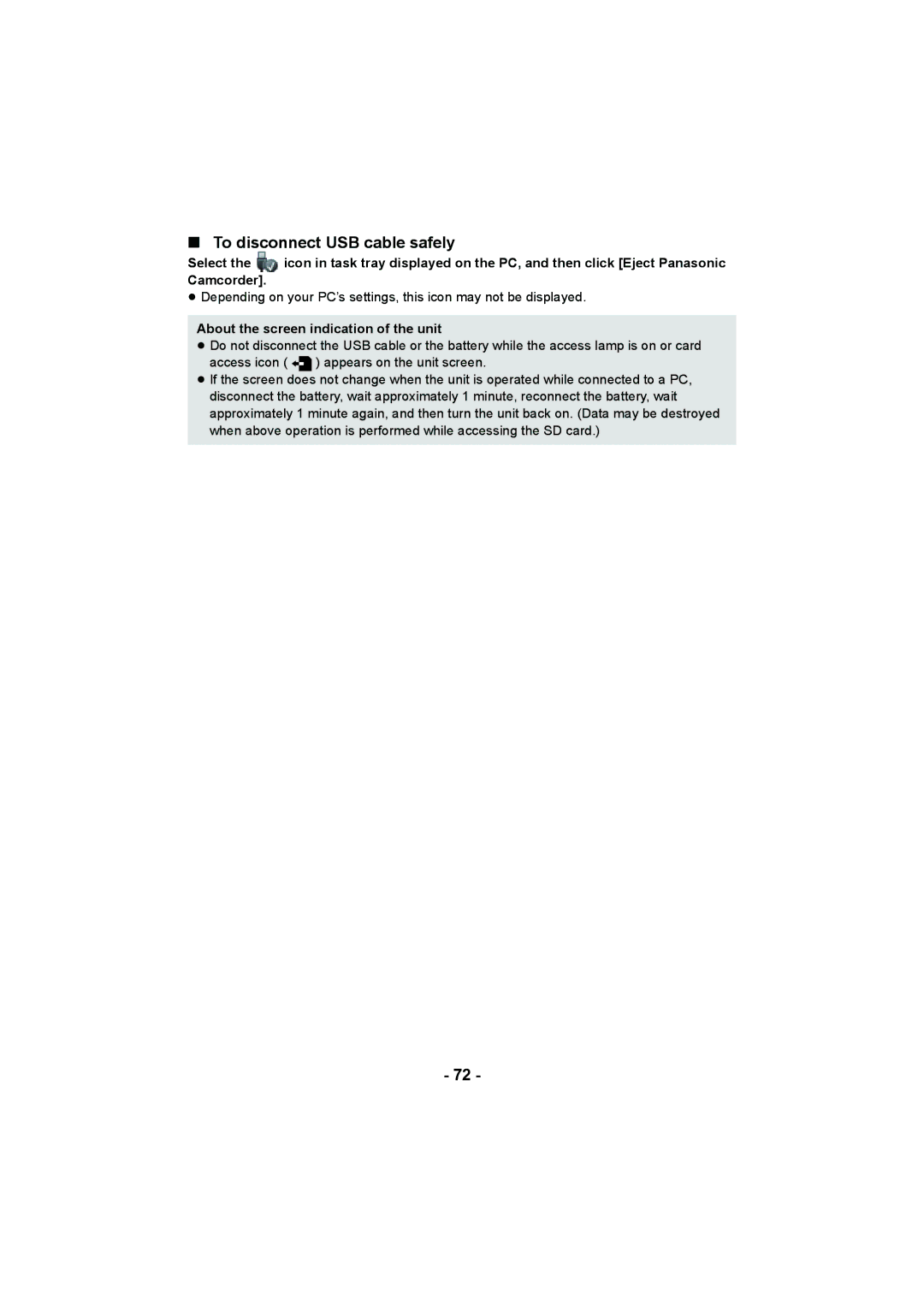 Panasonic HC-V10 operating instructions To disconnect USB cable safely, About the screen indication of the unit 