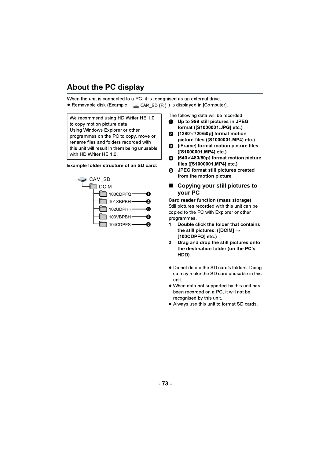 Panasonic HC-V10 About the PC display, Copying your still pictures to Your PC, Example folder structure of an SD card 