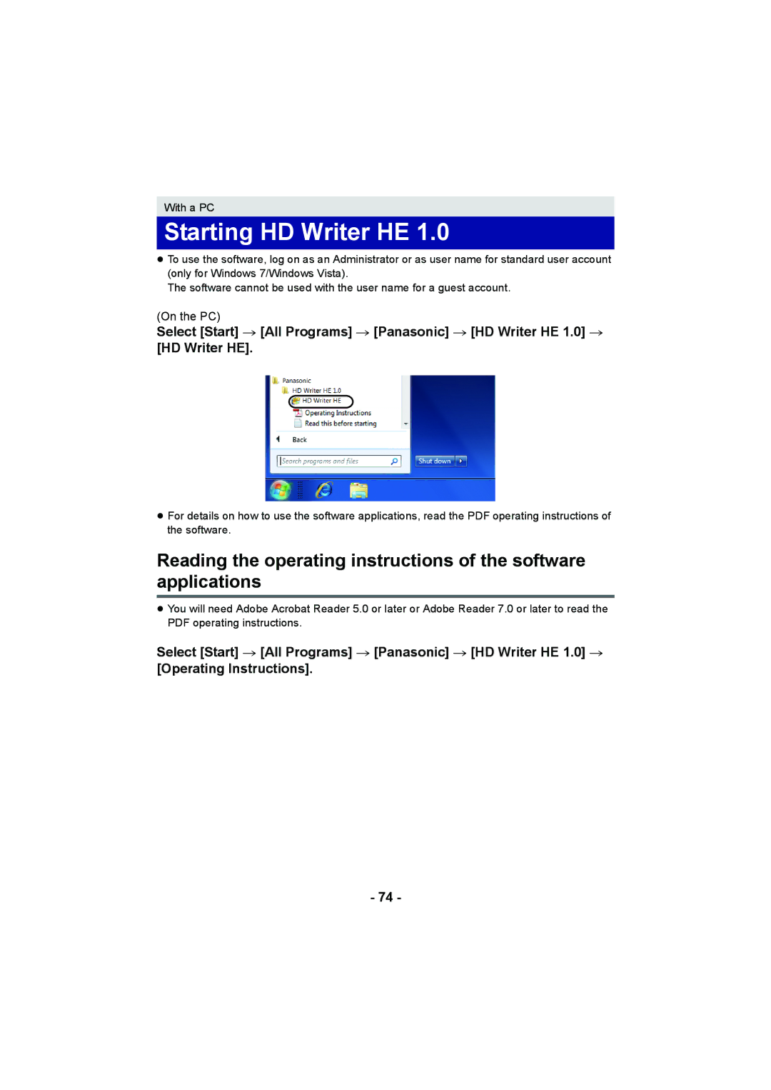 Panasonic HC-V10 operating instructions Starting HD Writer HE, Select Start # All Programs # Panasonic # HD Writer HE 1.0 # 