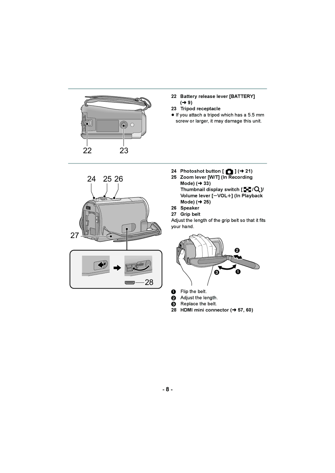 Panasonic HC-V10 operating instructions  , Battery release lever Battery l Tripod receptacle, Hdmi mini connector l57 