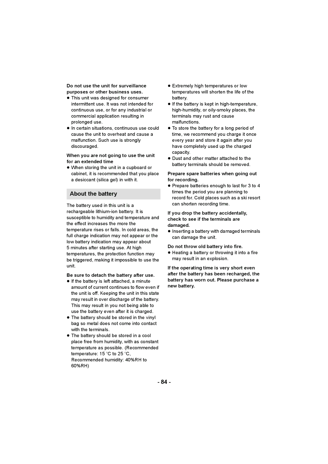 Panasonic HC-V10 operating instructions About the battery, When you are not going to use the unit for an extended time 