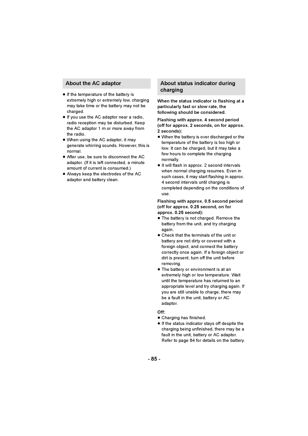 Panasonic HC-V10 operating instructions About the AC adaptor, About status indicator during charging, Seconds 