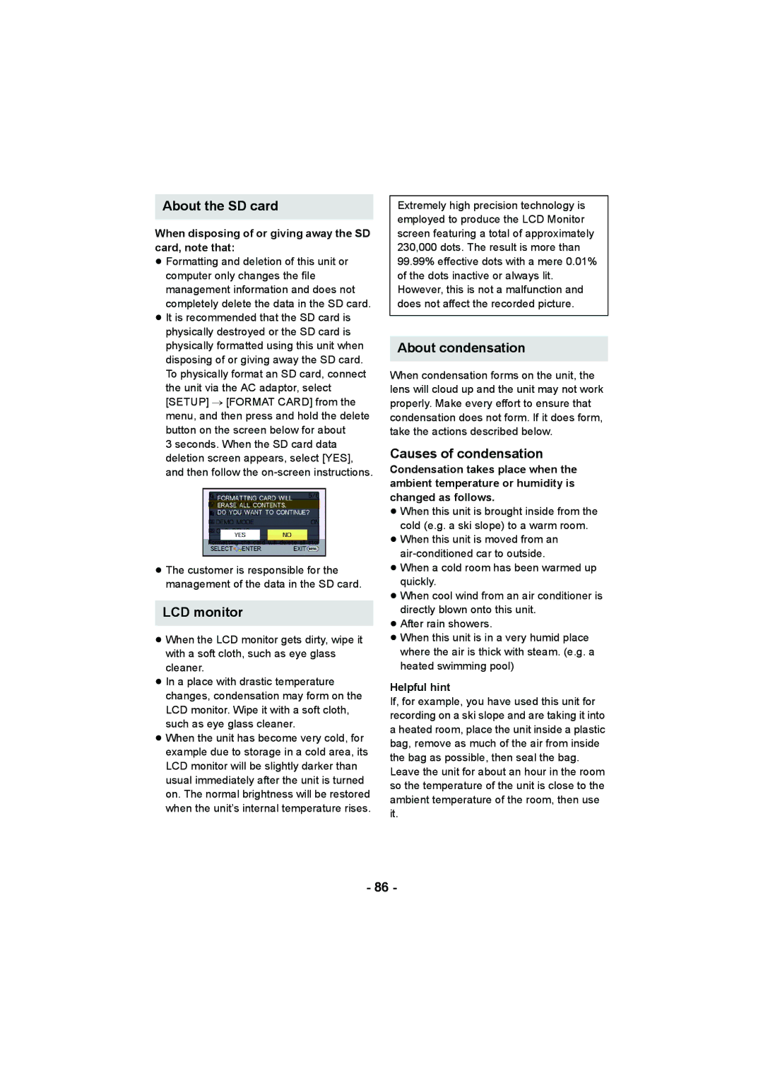 Panasonic HC-V10 operating instructions About the SD card, LCD monitor, About condensation, Causes of condensation 