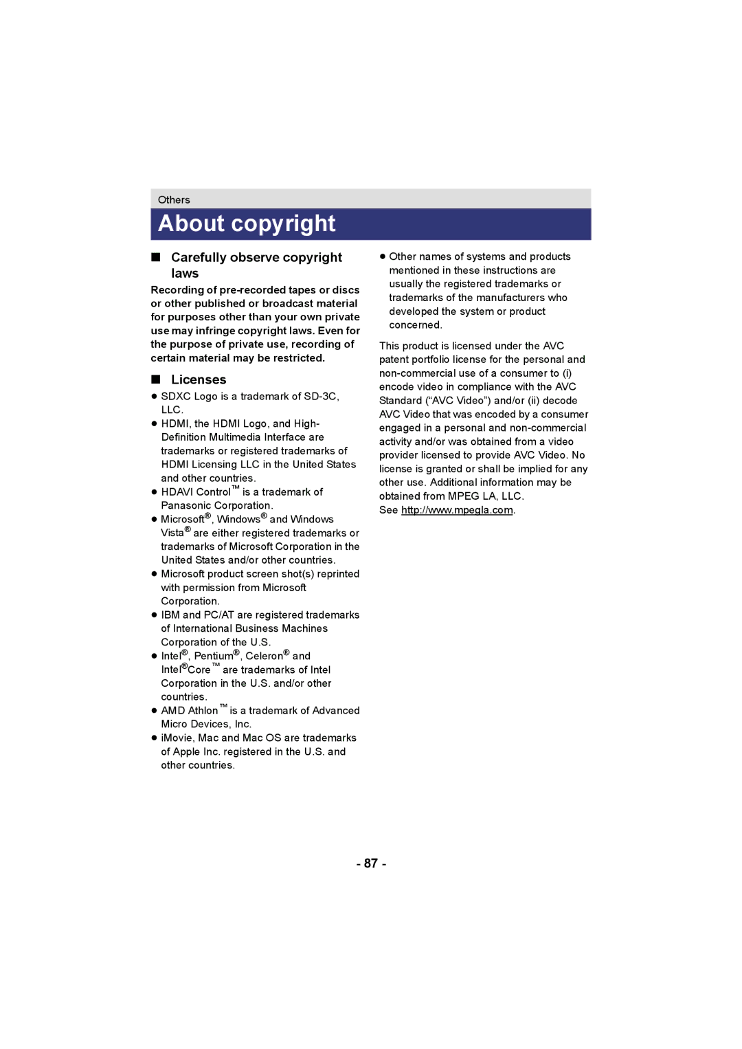 Panasonic HC-V10 operating instructions About copyright, Carefully observe copyright Laws, Licenses 