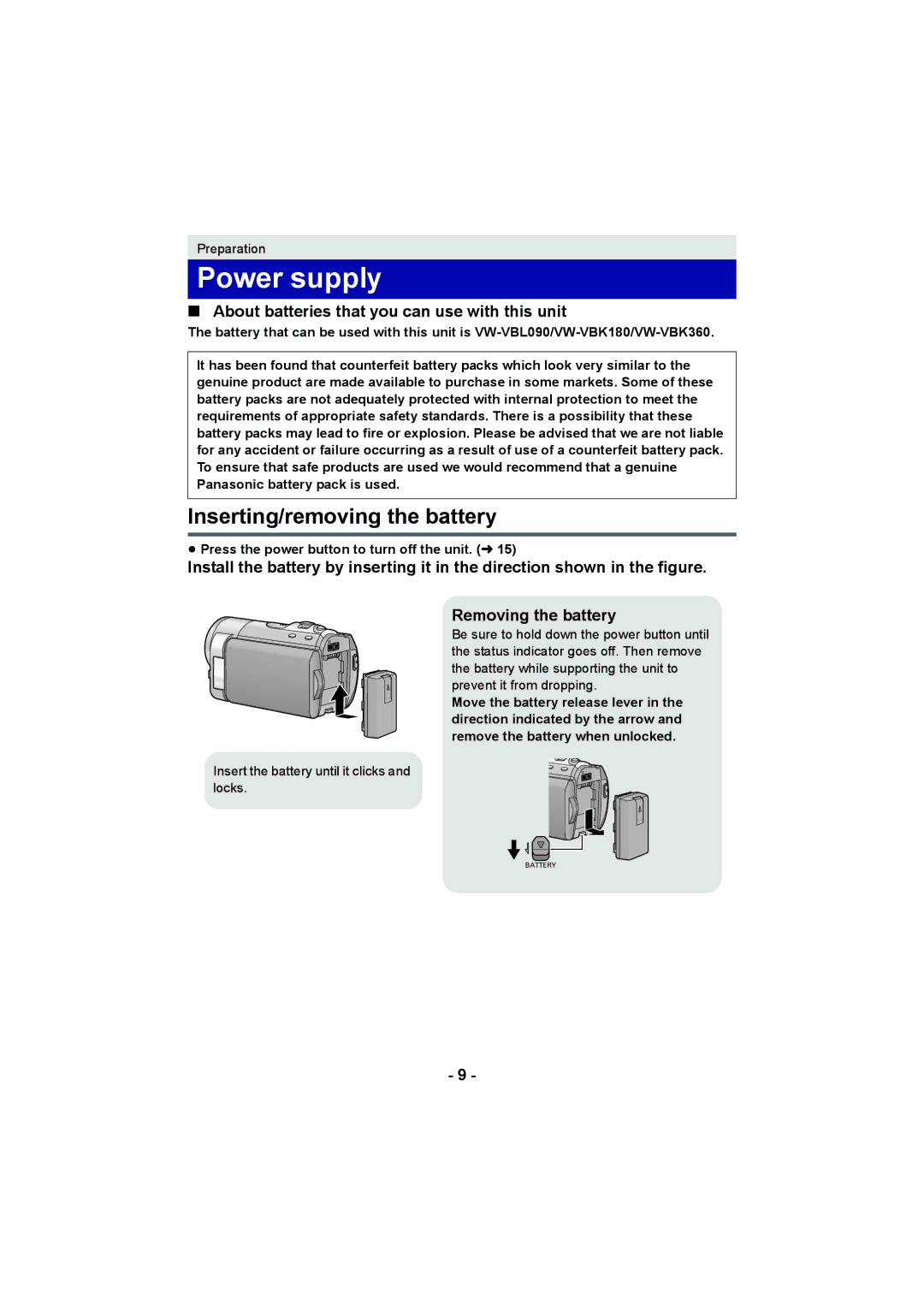 Panasonic HC-V10 Power supply, Inserting/removing the battery, About batteries that you can use with this unit 