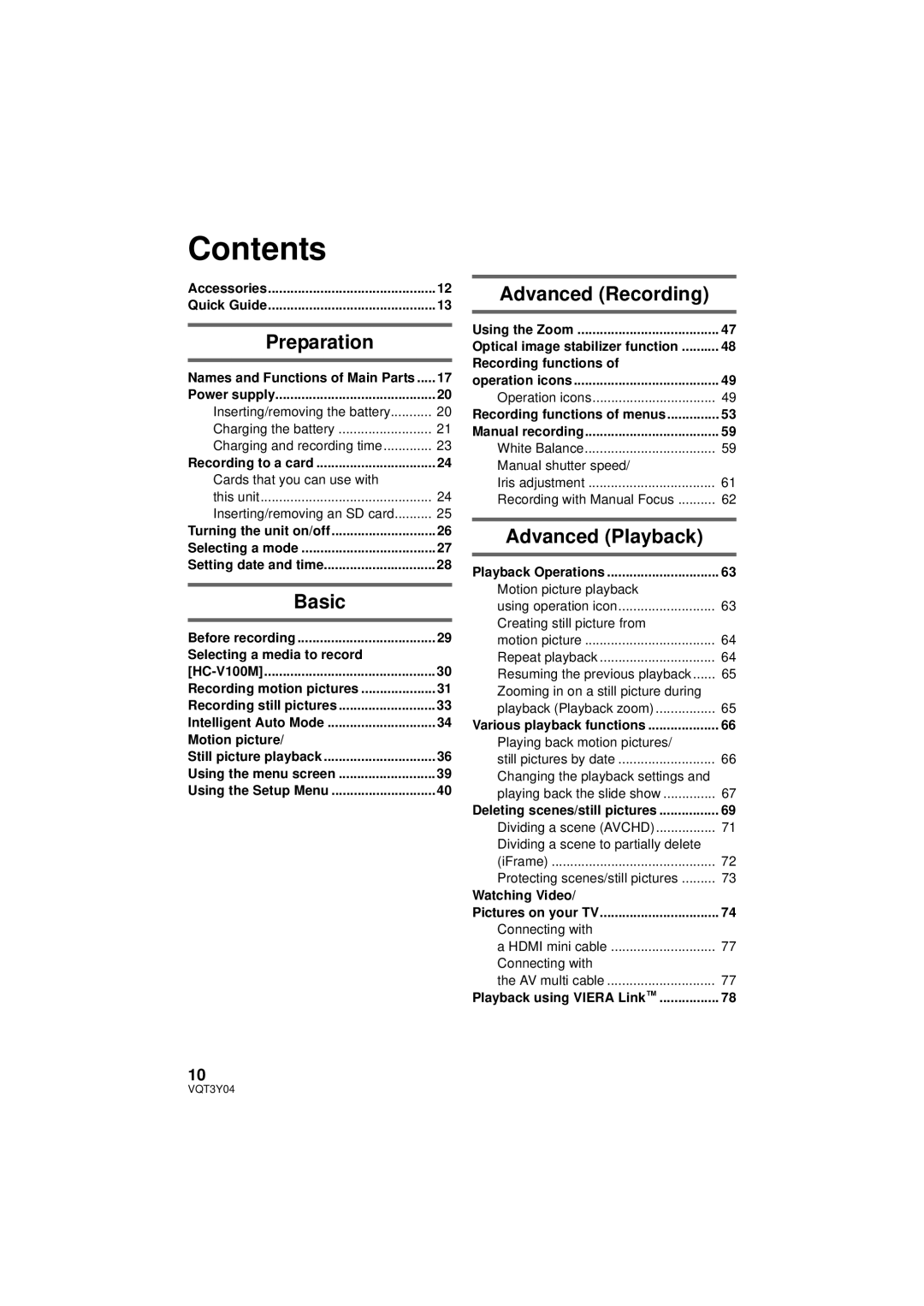 Panasonic HC-V100 owner manual Contents 