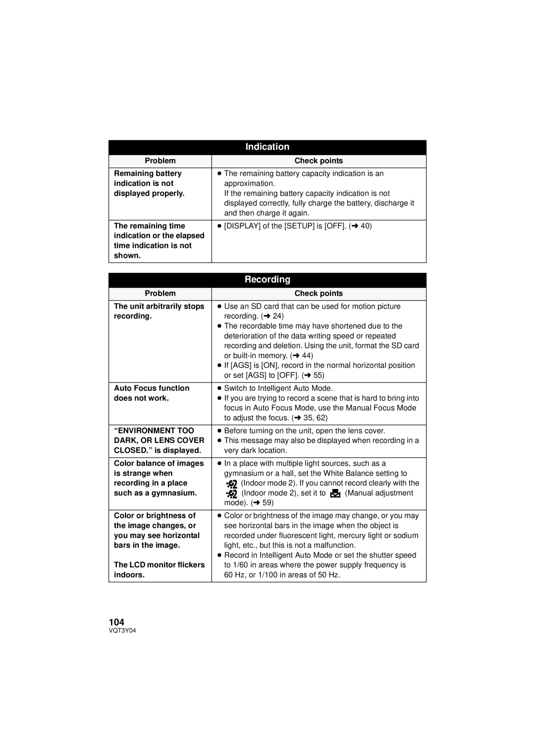 Panasonic HC-V100 owner manual 104, Environment TOO 