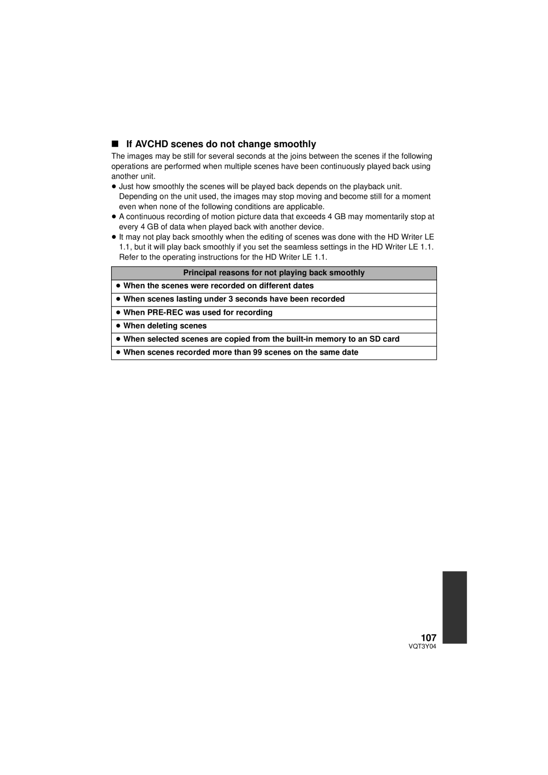 Panasonic HC-V100 owner manual If Avchd scenes do not change smoothly, 107 