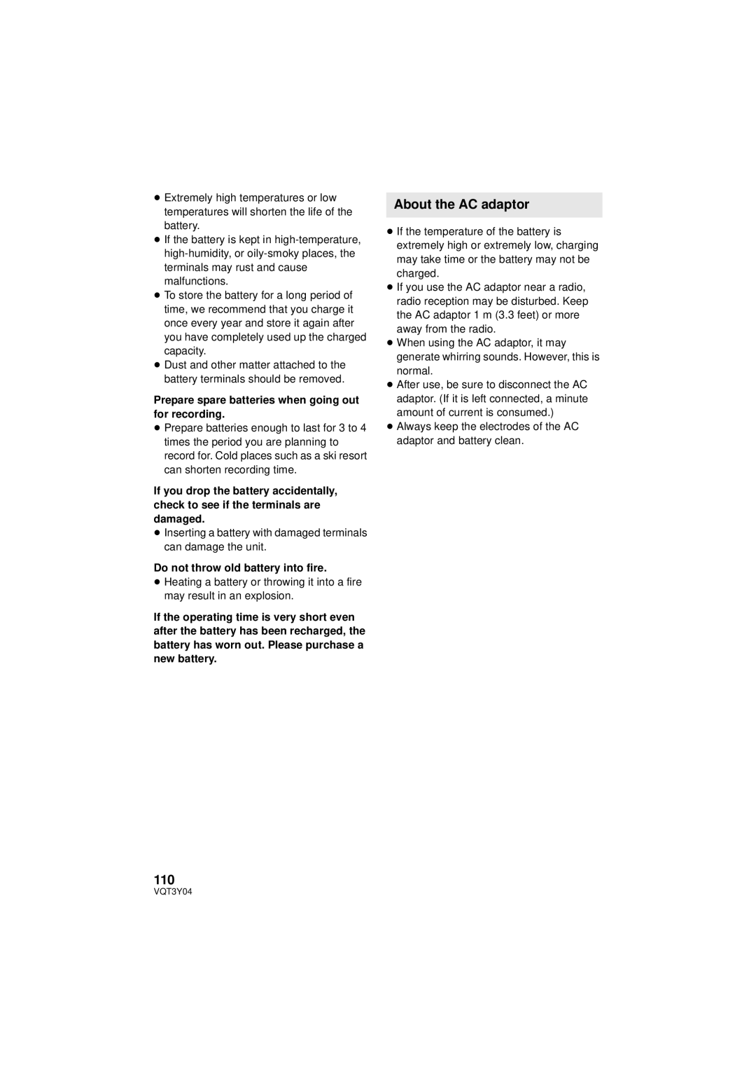 Panasonic HC-V100 owner manual About the AC adaptor, 110, Prepare spare batteries when going out for recording 