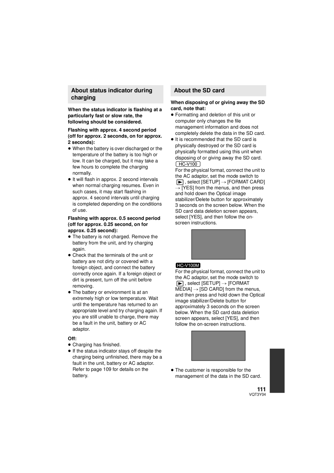 Panasonic HC-V100 owner manual About status indicator during charging, About the SD card, 111, Seconds 