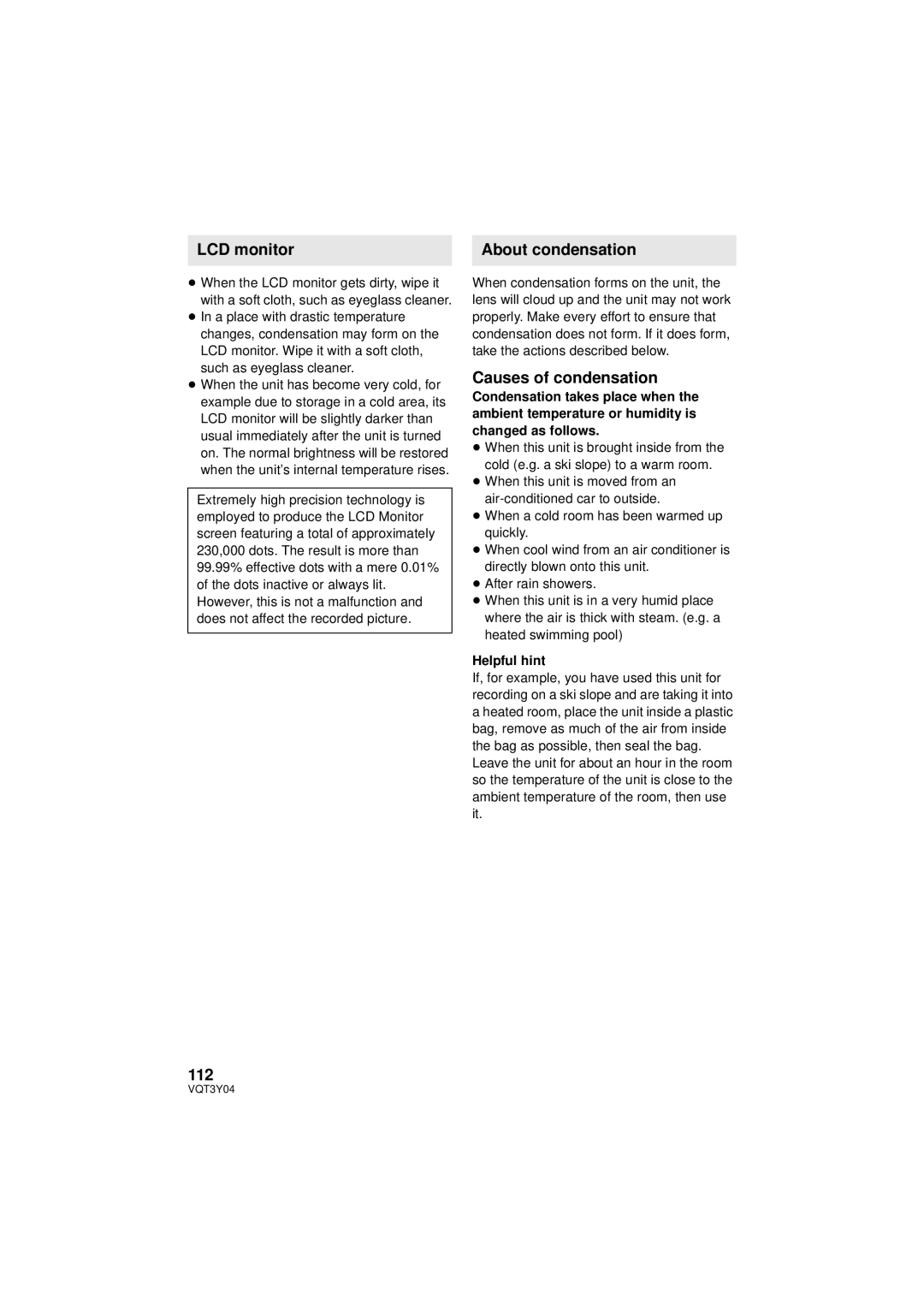 Panasonic HC-V100 owner manual LCD monitor, About condensation, Causes of condensation, 112, Helpful hint 