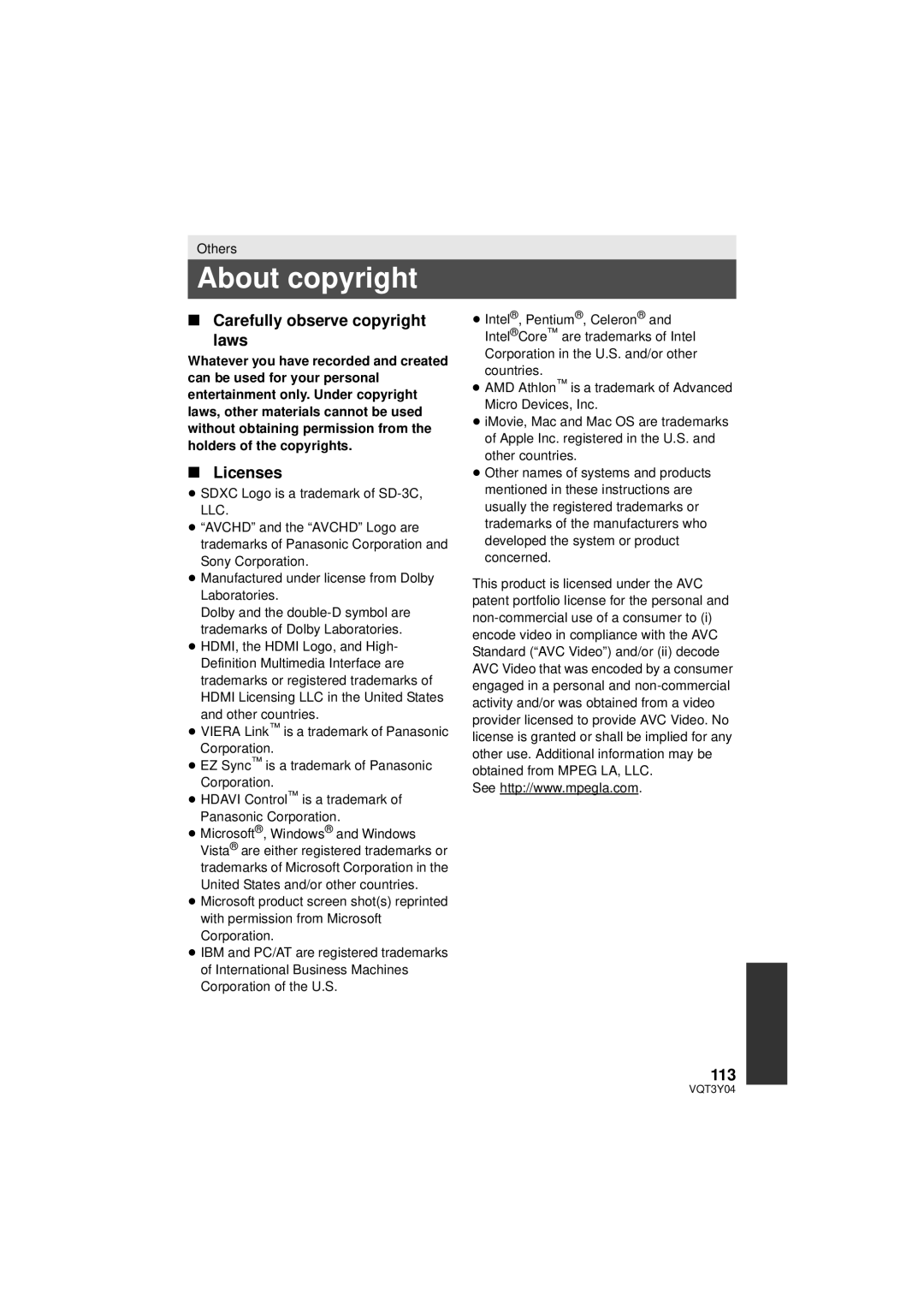 Panasonic HC-V100 owner manual About copyright, Carefully observe copyright Laws, Licenses, 113 