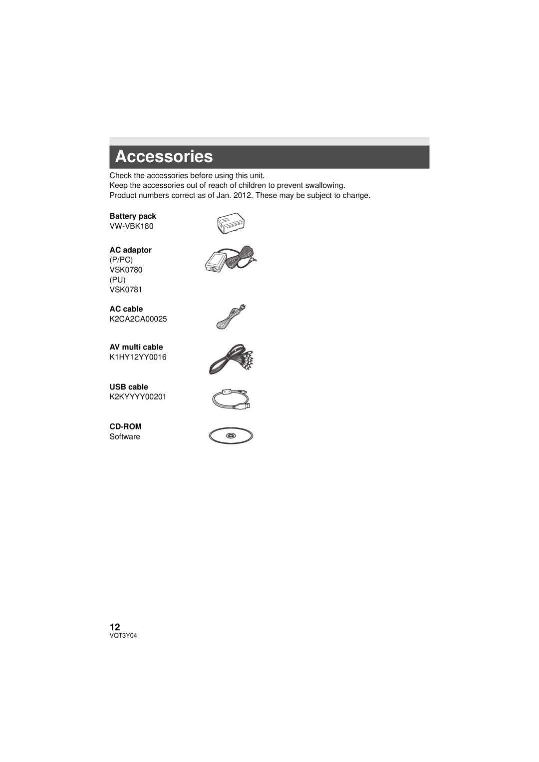 Panasonic HC-V100 owner manual Accessories, Cd-Rom 