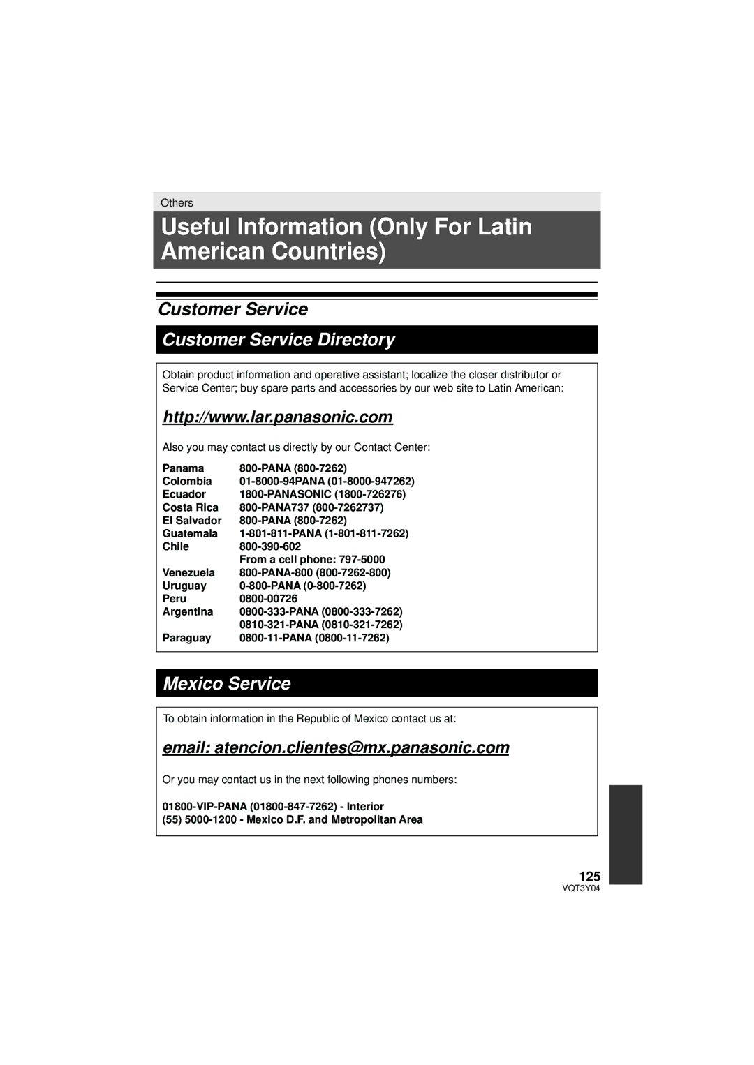 Panasonic HC-V100 owner manual Useful Information Only For Latin American Countries, 125, Panama Colombia 