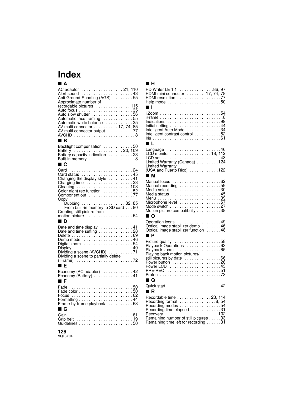 Panasonic HC-V100 owner manual Index, 126 