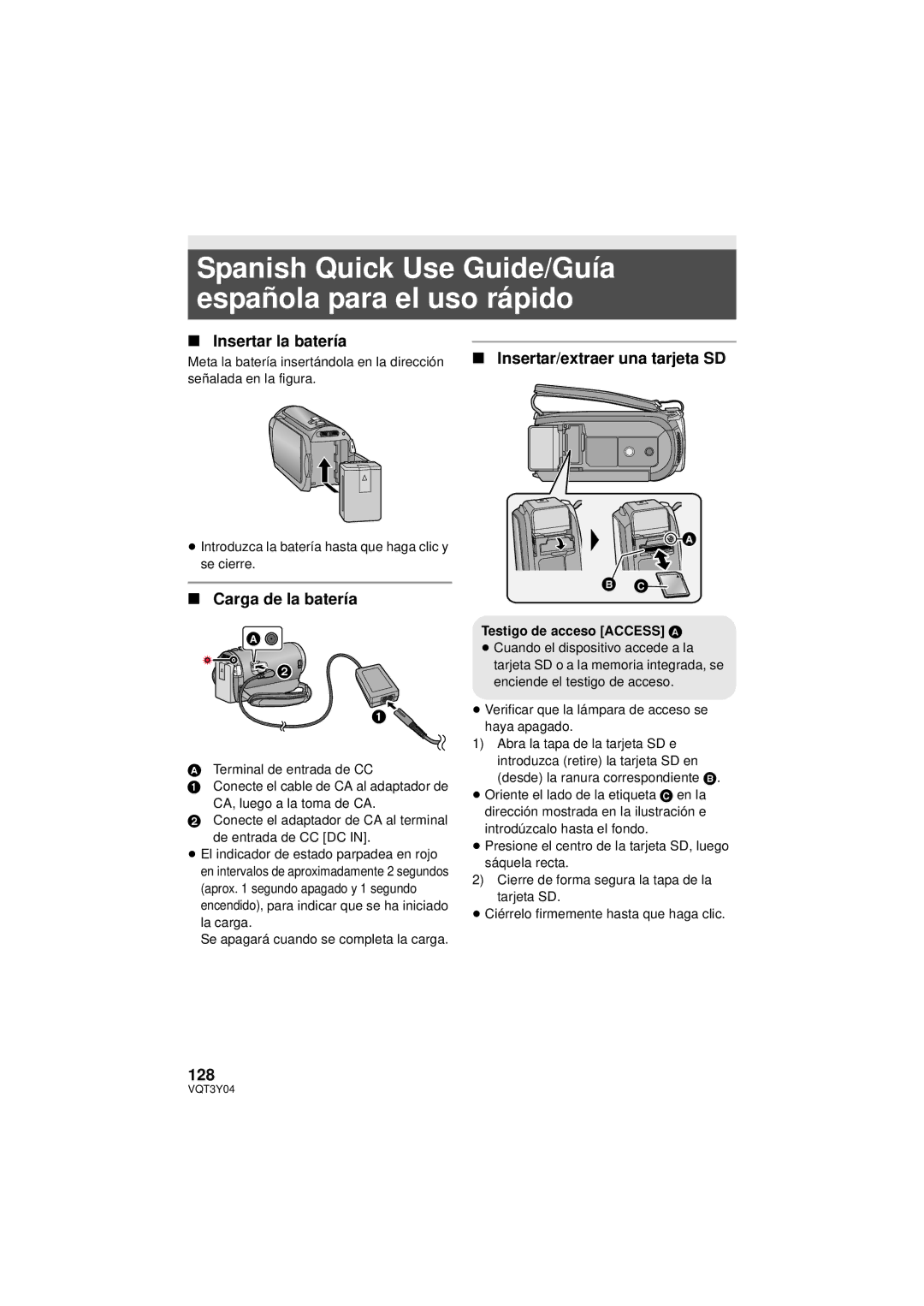 Panasonic HC-V100 Spanish Quick Use Guide/Guía española para el uso rápido, Insertar la batería, Carga de la batería, 128 