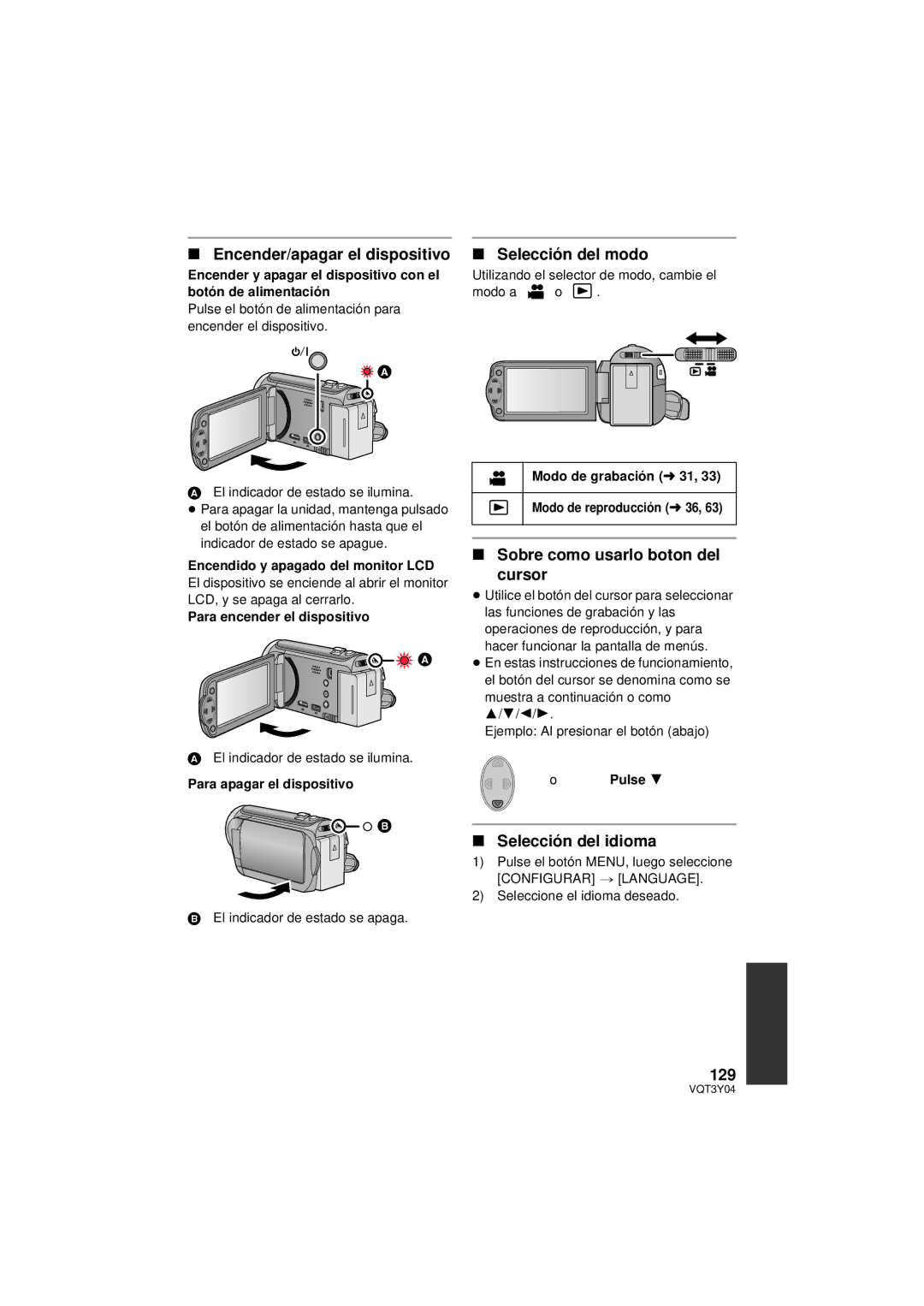 Panasonic HC-V100 owner manual Encender/apagar el dispositivo, Selección del modo, Sobre como usarlo boton del cursor, 129 