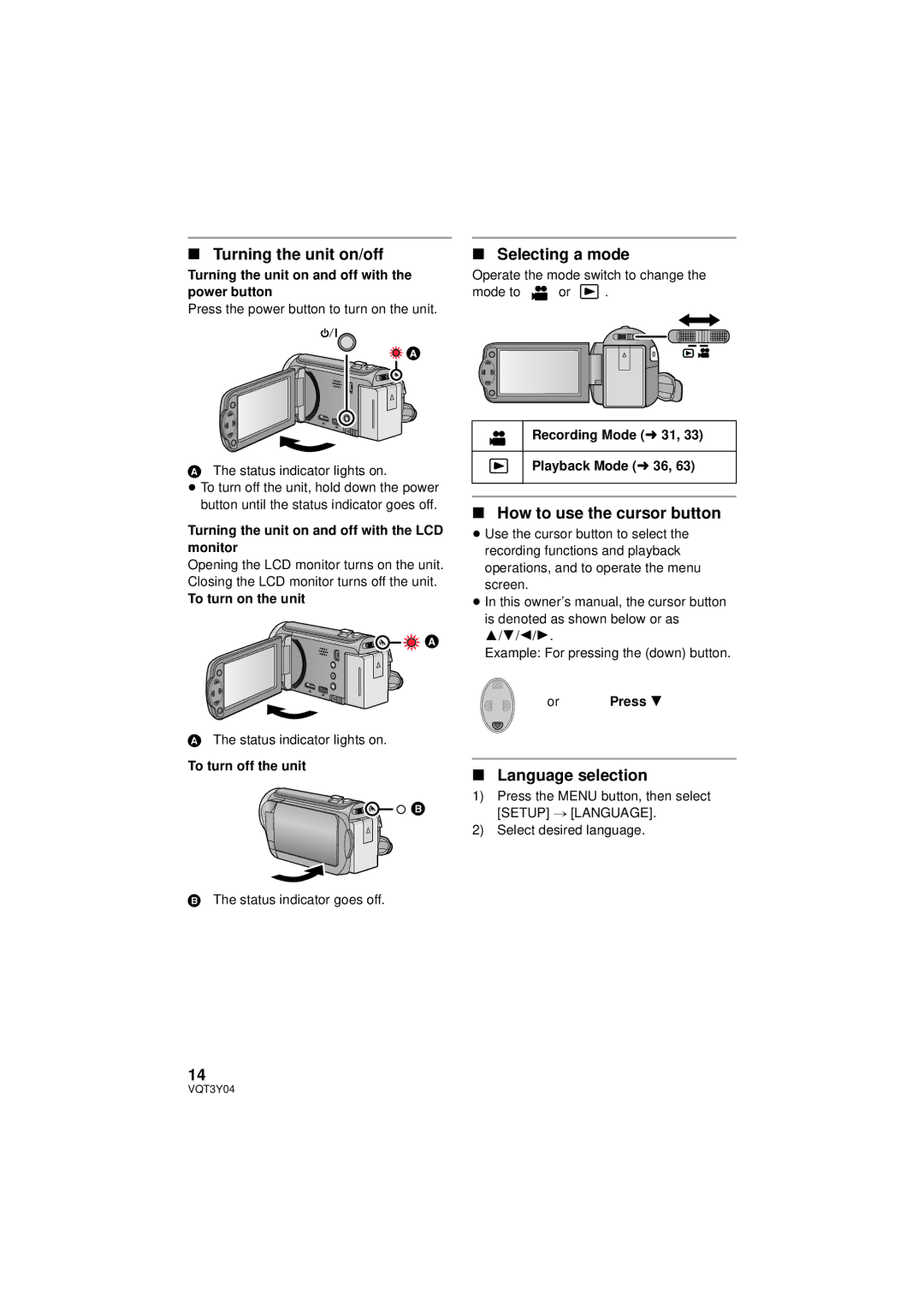 Panasonic HC-V100 owner manual Turning the unit on/off, Selecting a mode, How to use the cursor button, Language selection 