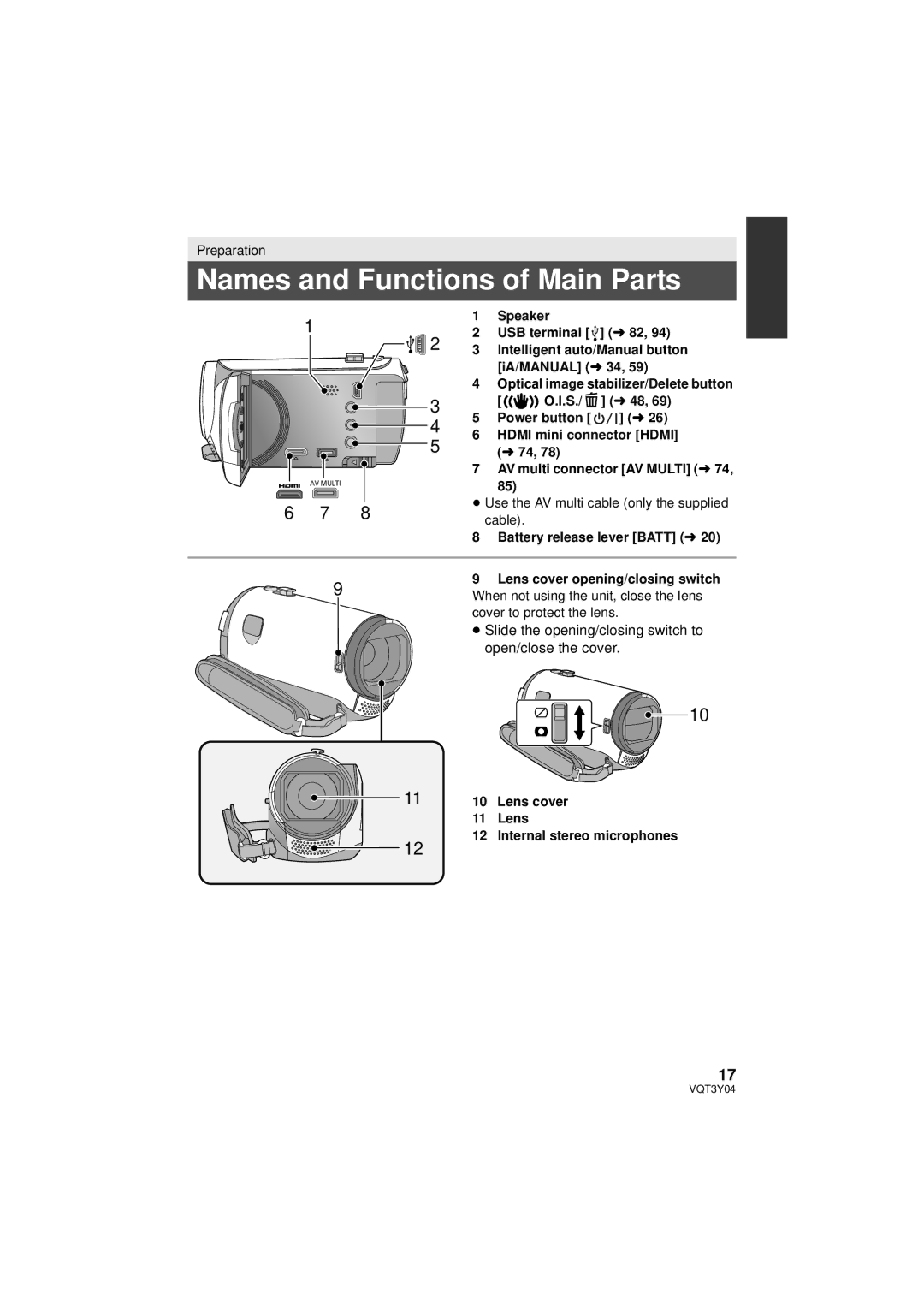 Panasonic HC-V100 owner manual Names and Functions of Main Parts, 11 10 Lens cover 11 Lens Internal stereo microphones 