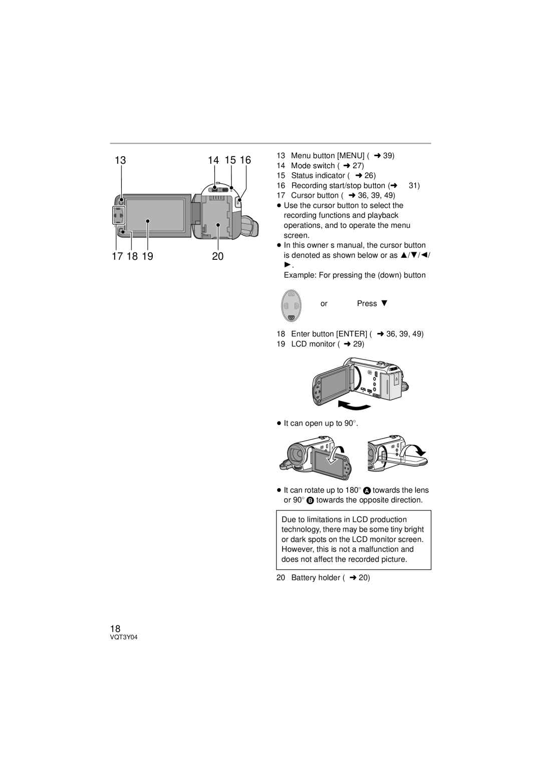 Panasonic HC-V100 owner manual  , Enter button Enter l 36, 39 LCD monitor l29, Battery holder l20 