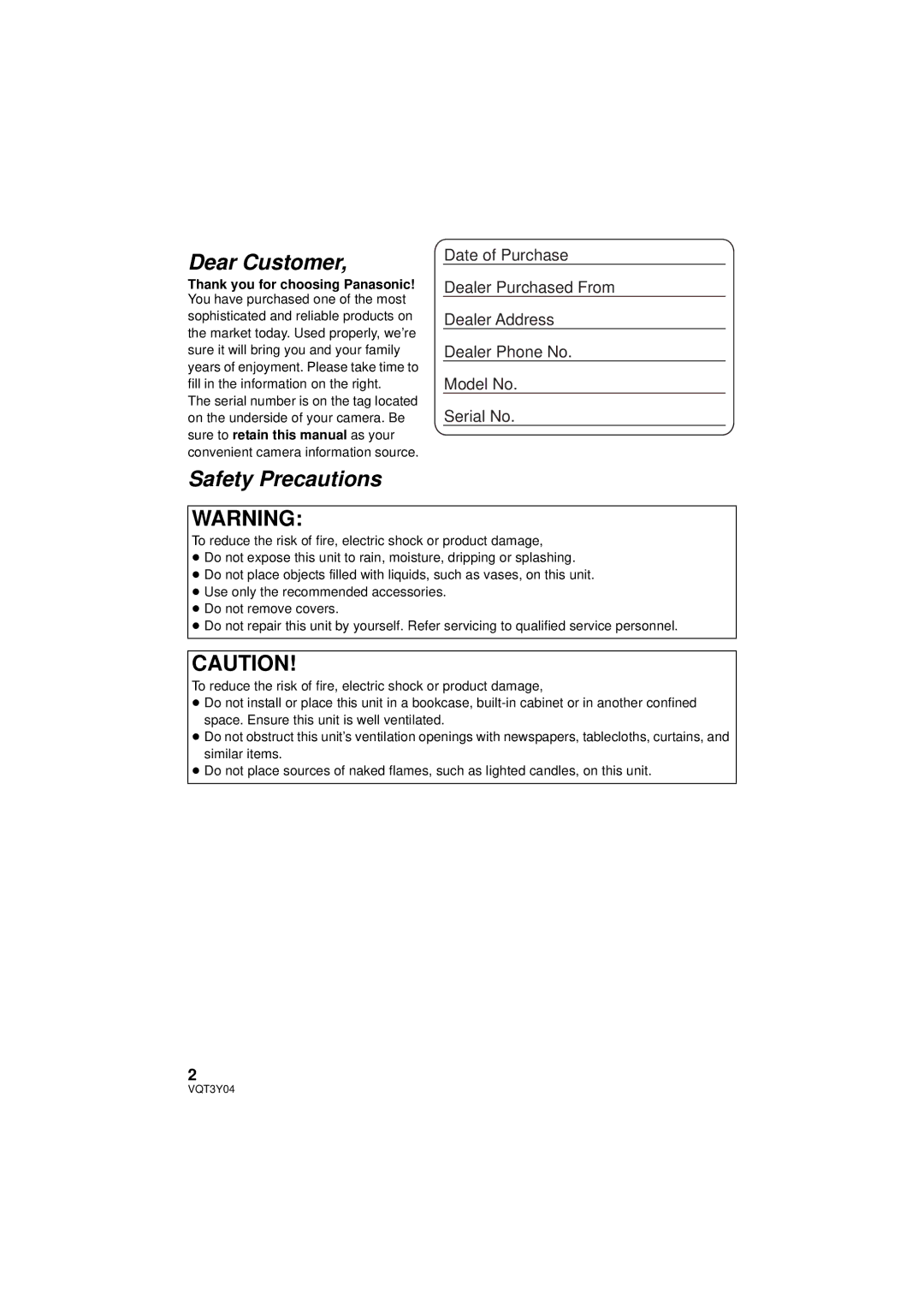 Panasonic HC-V100 owner manual Dear Customer 