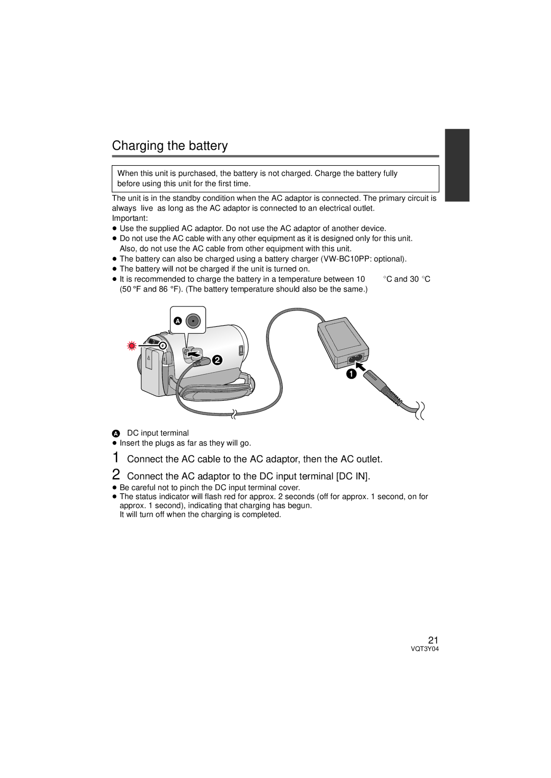 Panasonic HC-V100 owner manual Charging the battery, Connect the AC cable to the AC adaptor, then the AC outlet 