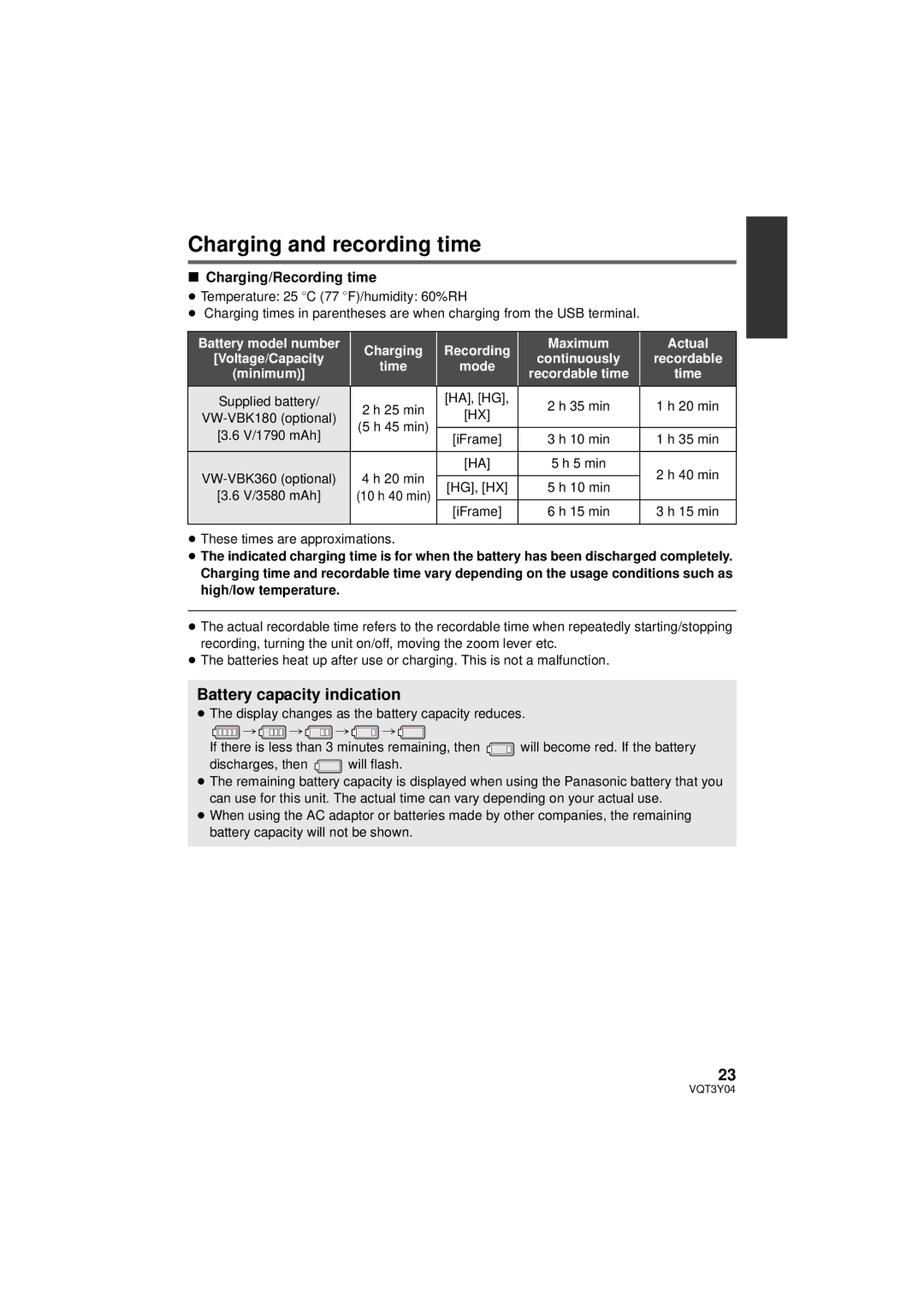 Panasonic HC-V100 owner manual Charging and recording time, Battery capacity indication, Charging/Recording time 