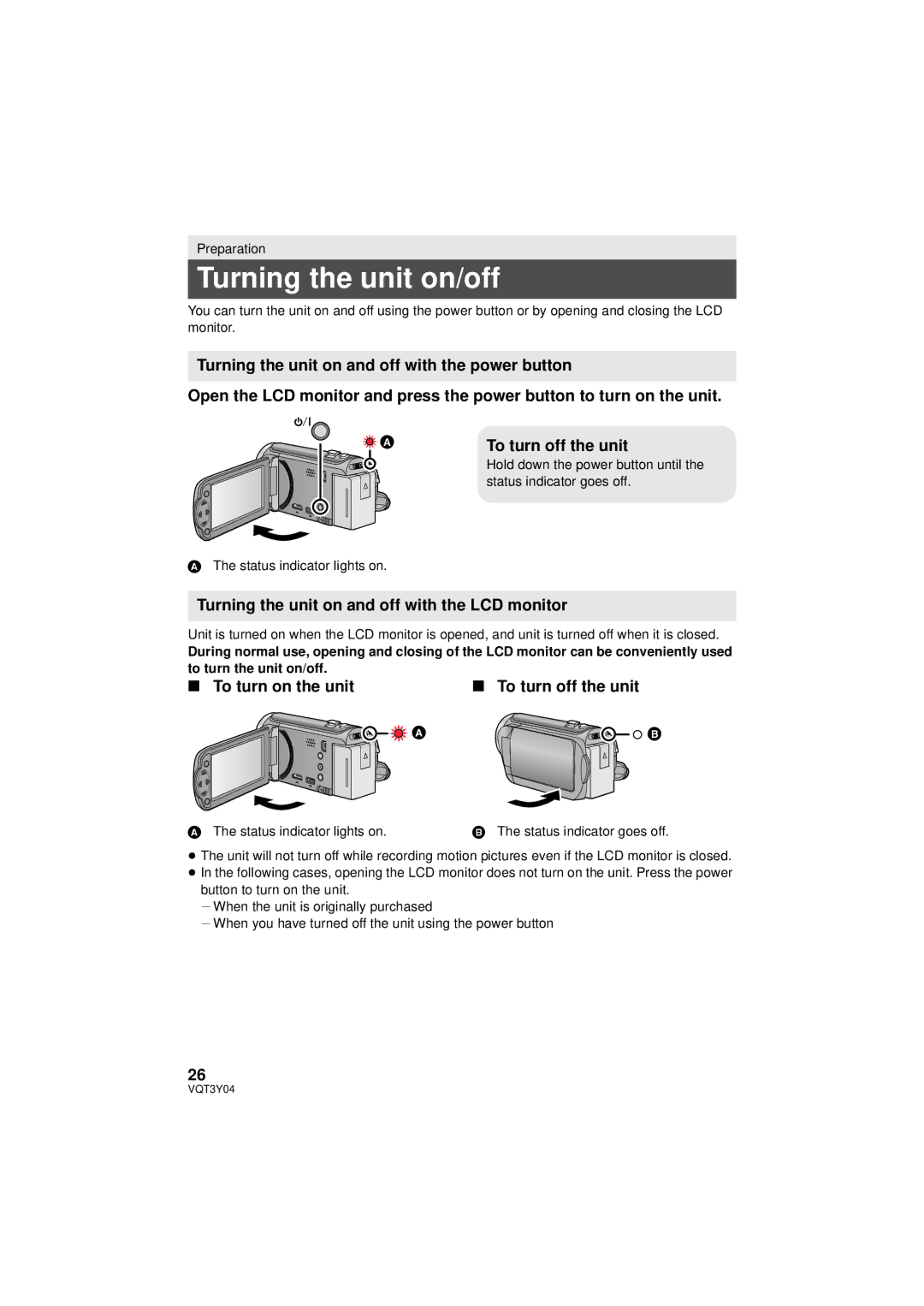 Panasonic HC-V100 owner manual Turning the unit on/off, Turning the unit on and off with the LCD monitor 