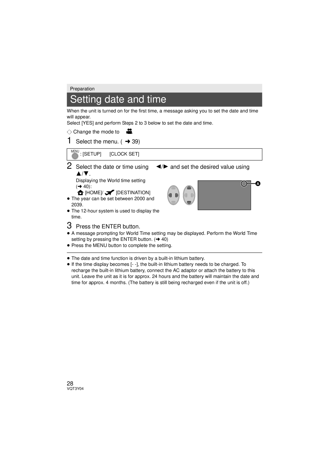 Panasonic HC-V100 owner manual Setting date and time, Select the menu. l39, Press the Enter button, ¬ Change the mode to 