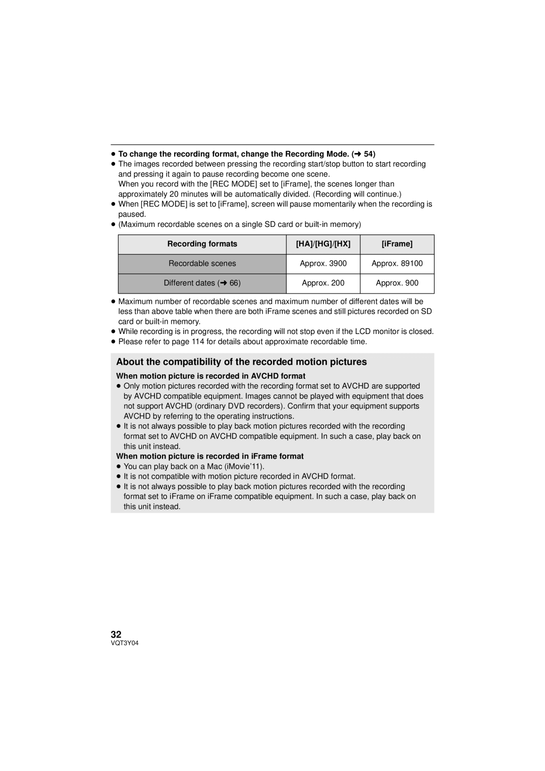 Panasonic HC-V100 owner manual About the compatibility of the recorded motion pictures, Recording formats HA/HG/HX IFrame 