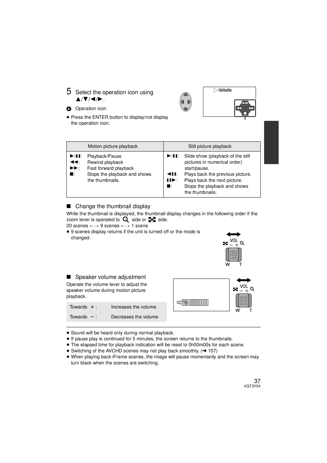 Panasonic HC-V100 owner manual Select the operation icon using, Change the thumbnail display, Speaker volume adjustment 