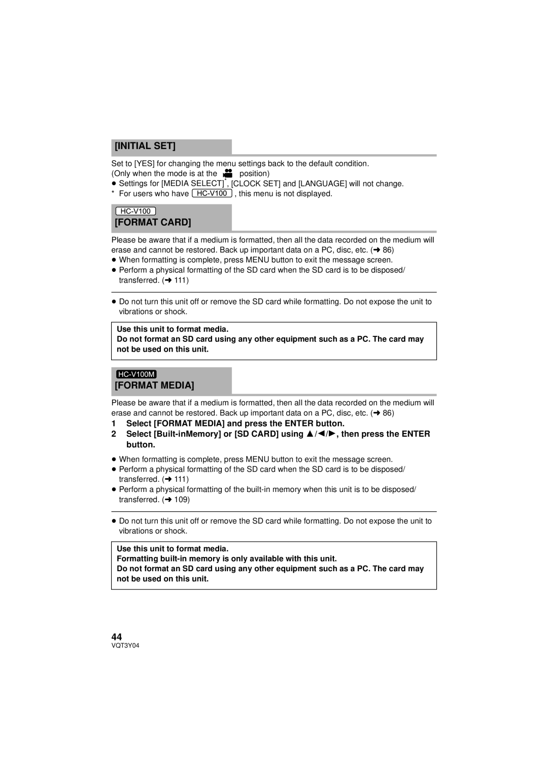 Panasonic HC-V100 owner manual Initial SET, Format Card, Format Media 