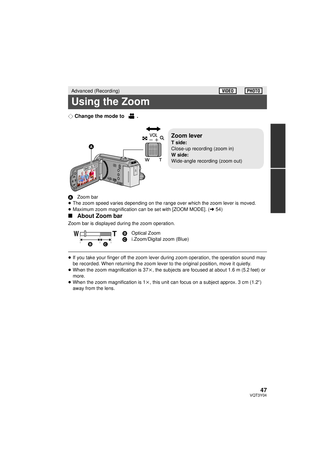 Panasonic HC-V100 owner manual Using the Zoom, Zoom lever, About Zoom bar, Side, Optical Zoom 